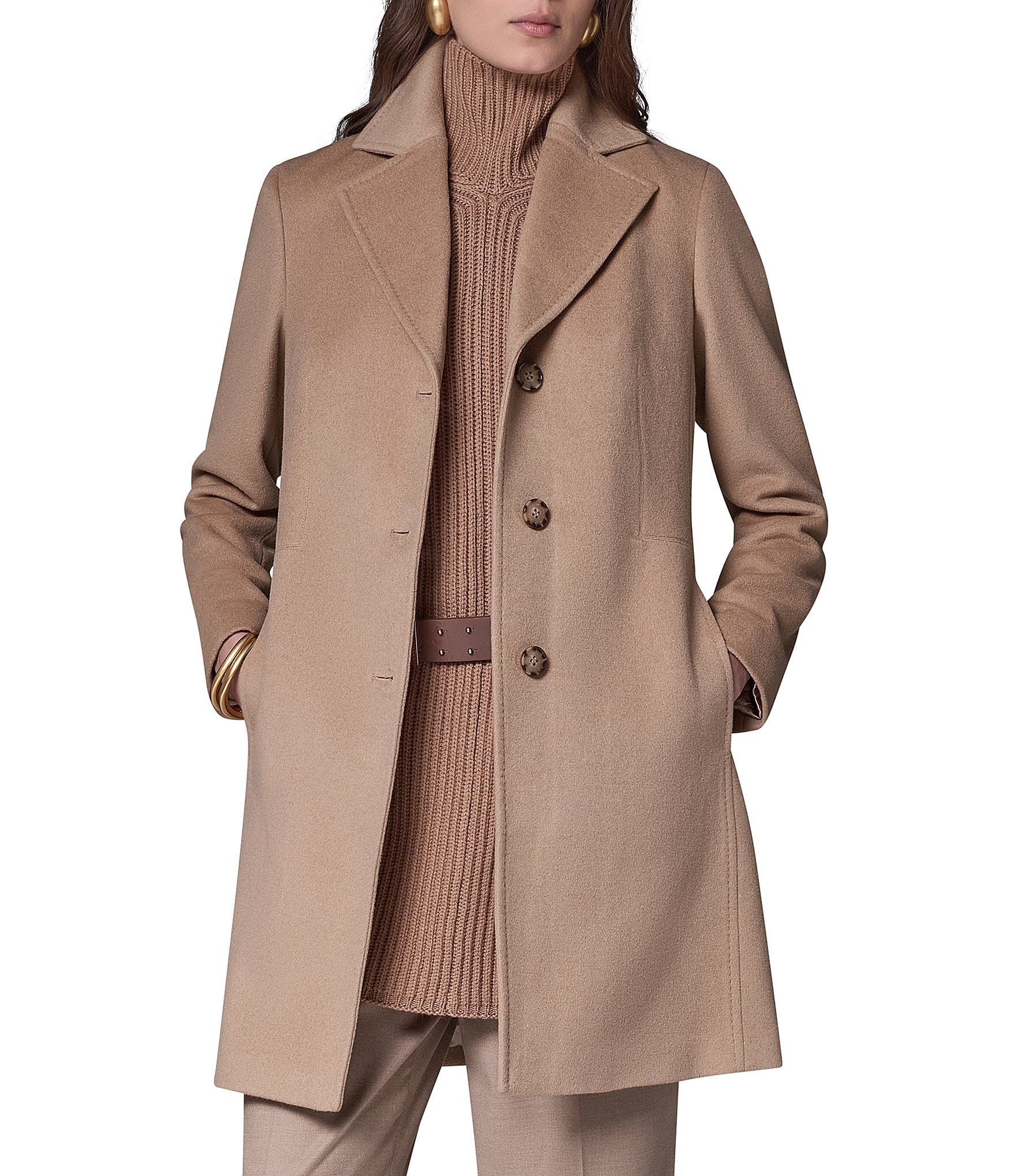 Donna Karan Petite Size Cashmere Blend Notch Collar Single Breasted Reefer Coat