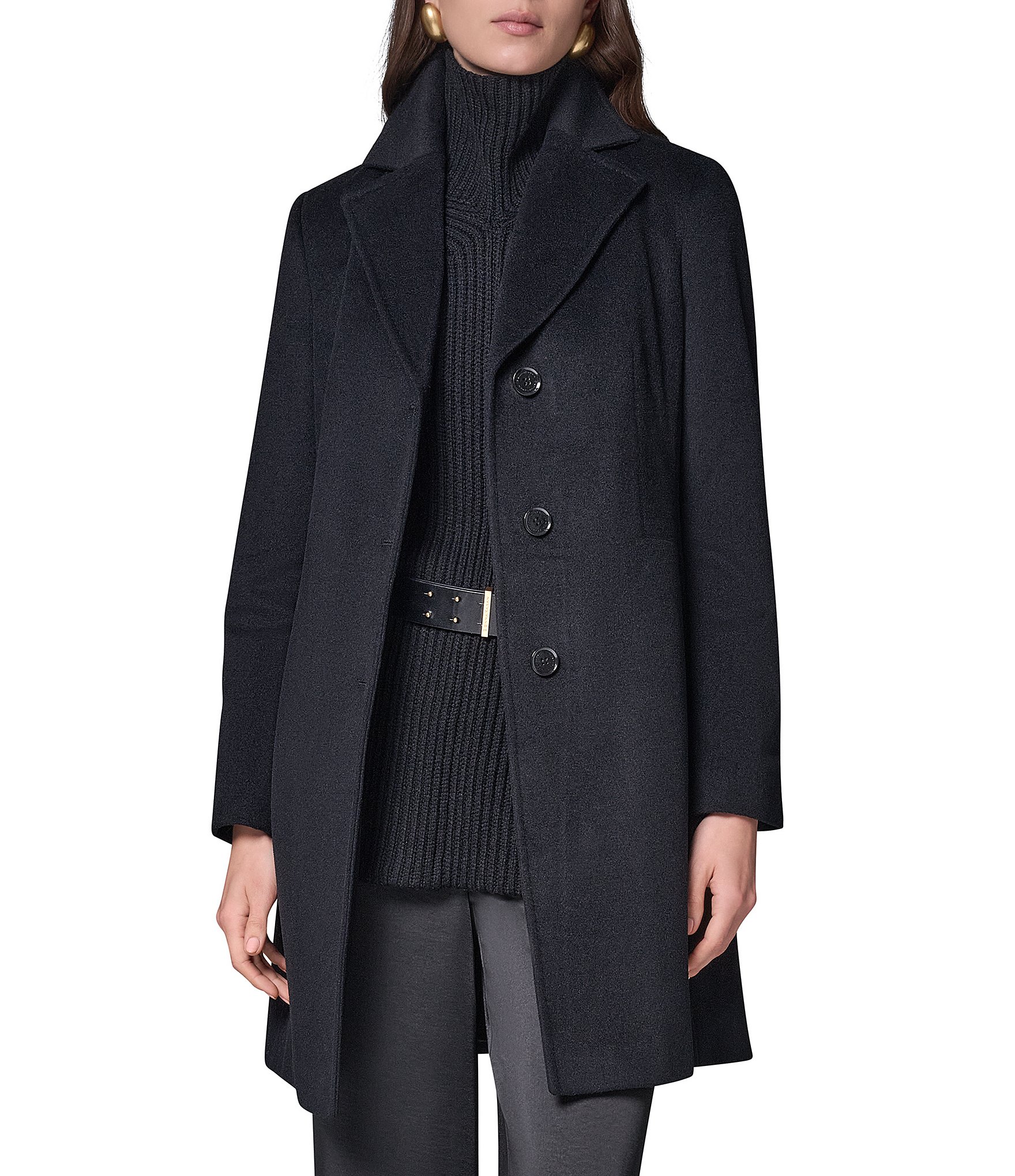 Donna Karan Petite Size Cashmere Blend Notch Collar Single Breasted Reefer Coat