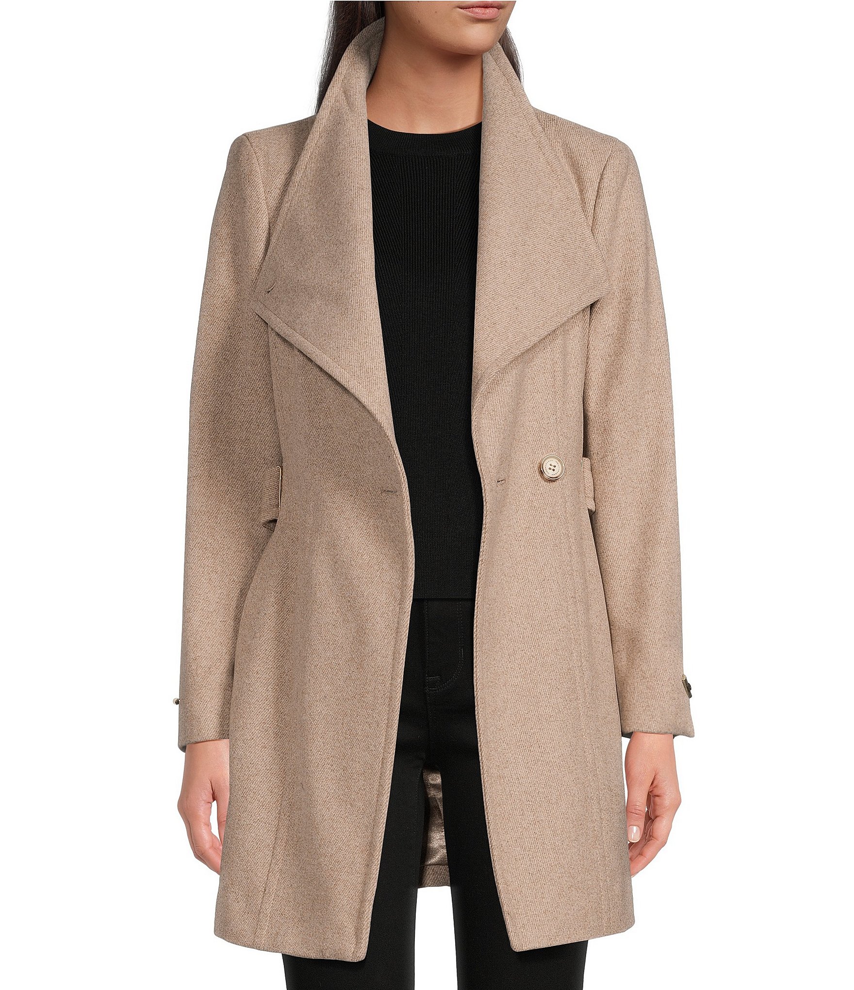 Donna Karan Petite Size Envelope Collar Long Sleeve Belted Wool Blend ...