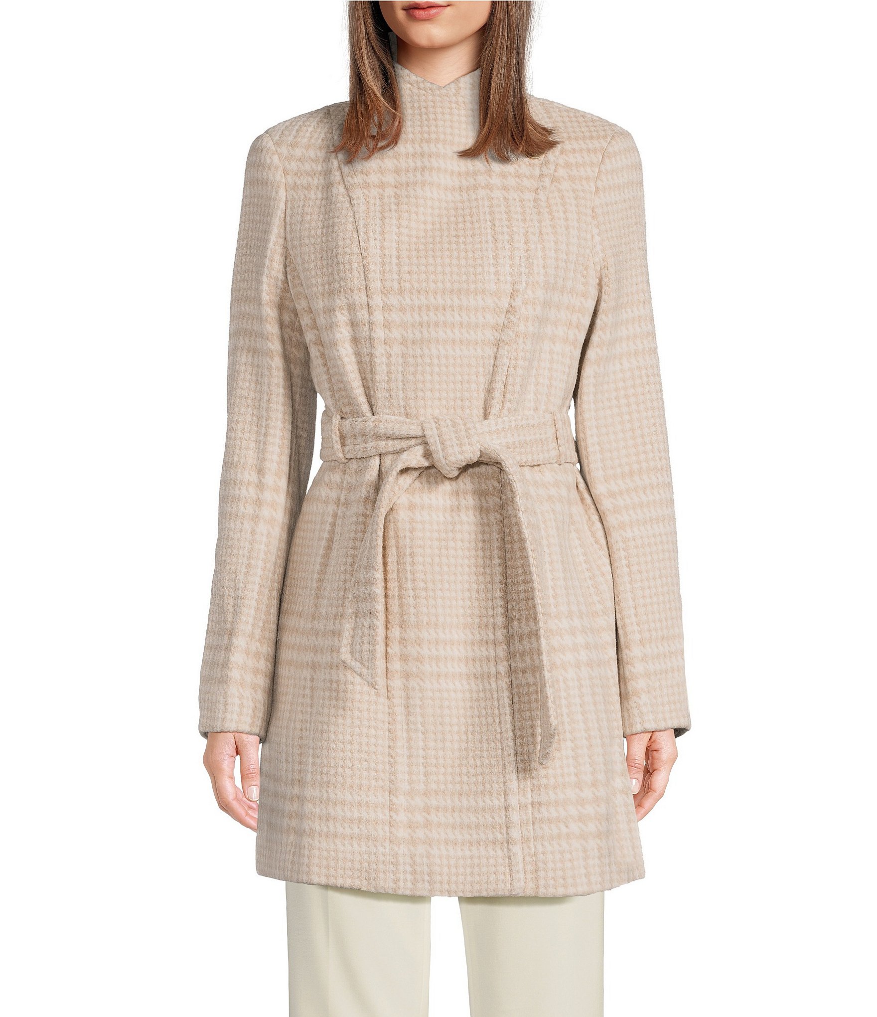 Donna Karan Petite Size Wool Blend Plaid Print Asymmetrical Wing Collar Belted Wrap Coat