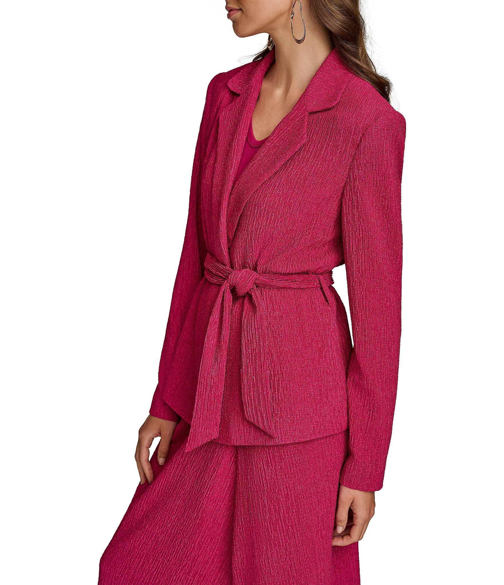 Donna Karan Plisse Notch Lapel Neck Long Sleeve Wrap Jacket