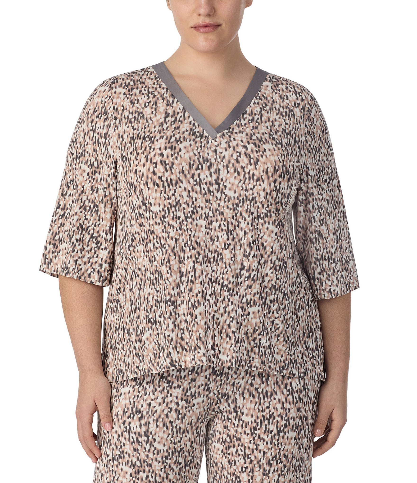 Donna Karan Plus Size Blurred Dot Print 3/4 Sleeve V Neck Knit Sleep Top