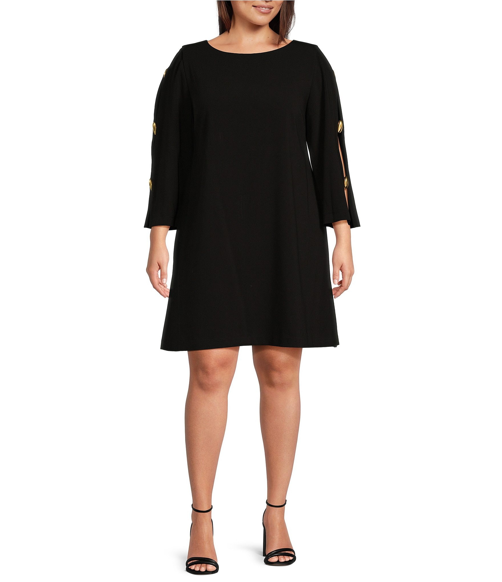 Donna Karan Plus Size Boat Neck Long Open Sleeve Cady Crepe Sheath Dress