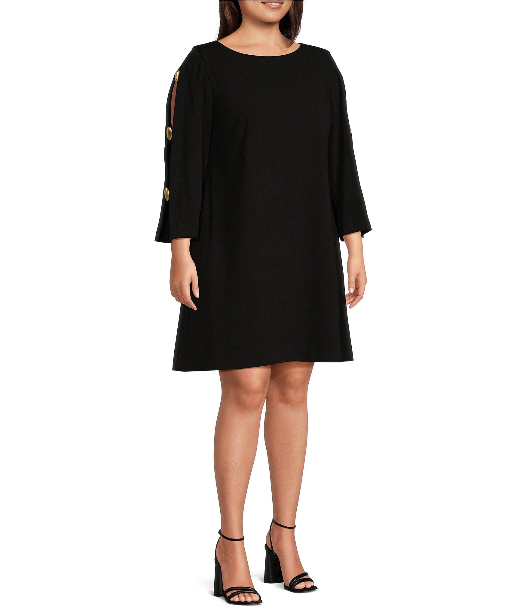 Donna Karan Plus Size Boat Neck Long Open Sleeve Cady Crepe Sheath Dress