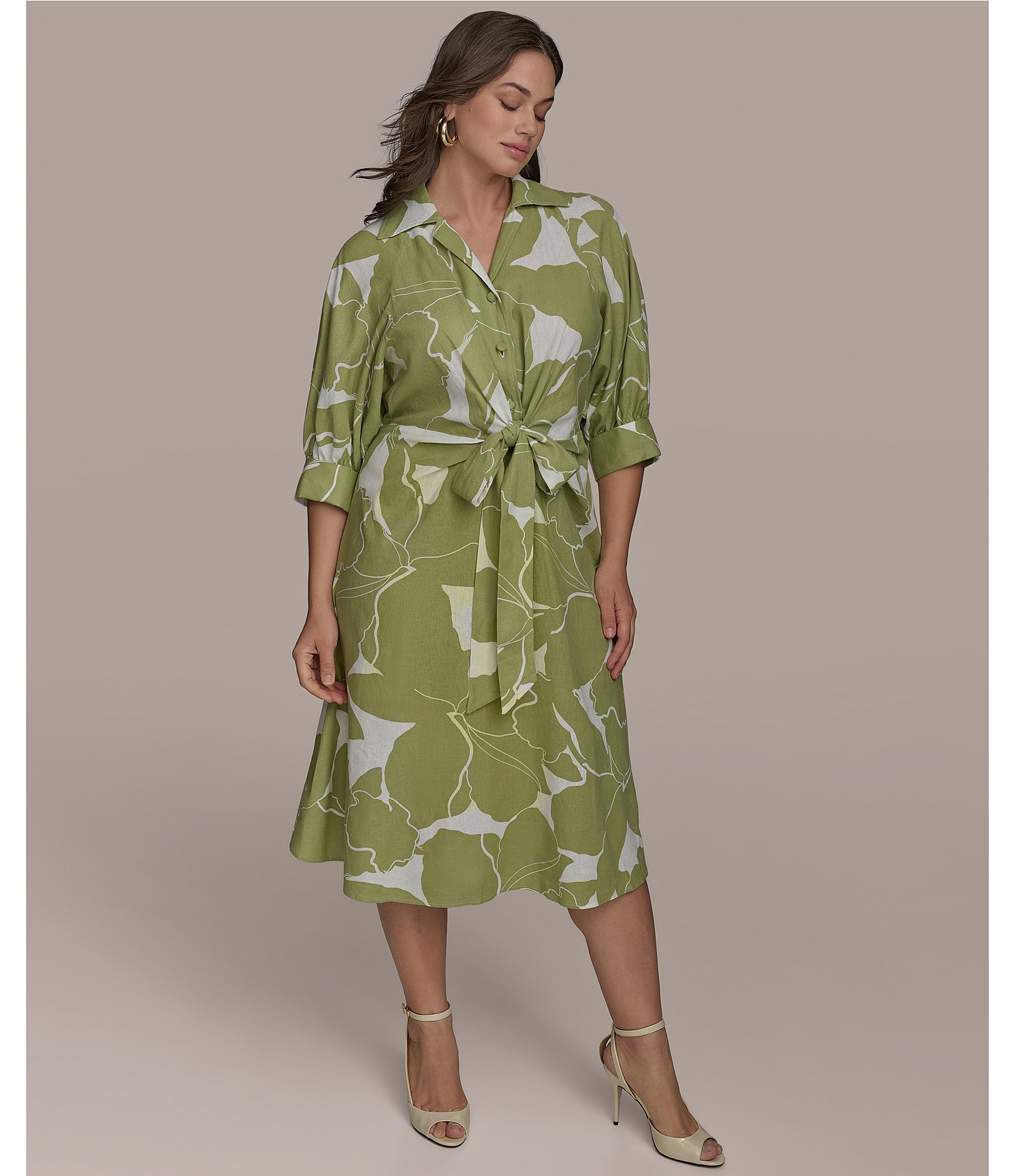 Donna Karan Plus Size Floral Print Midi Shirt Dress