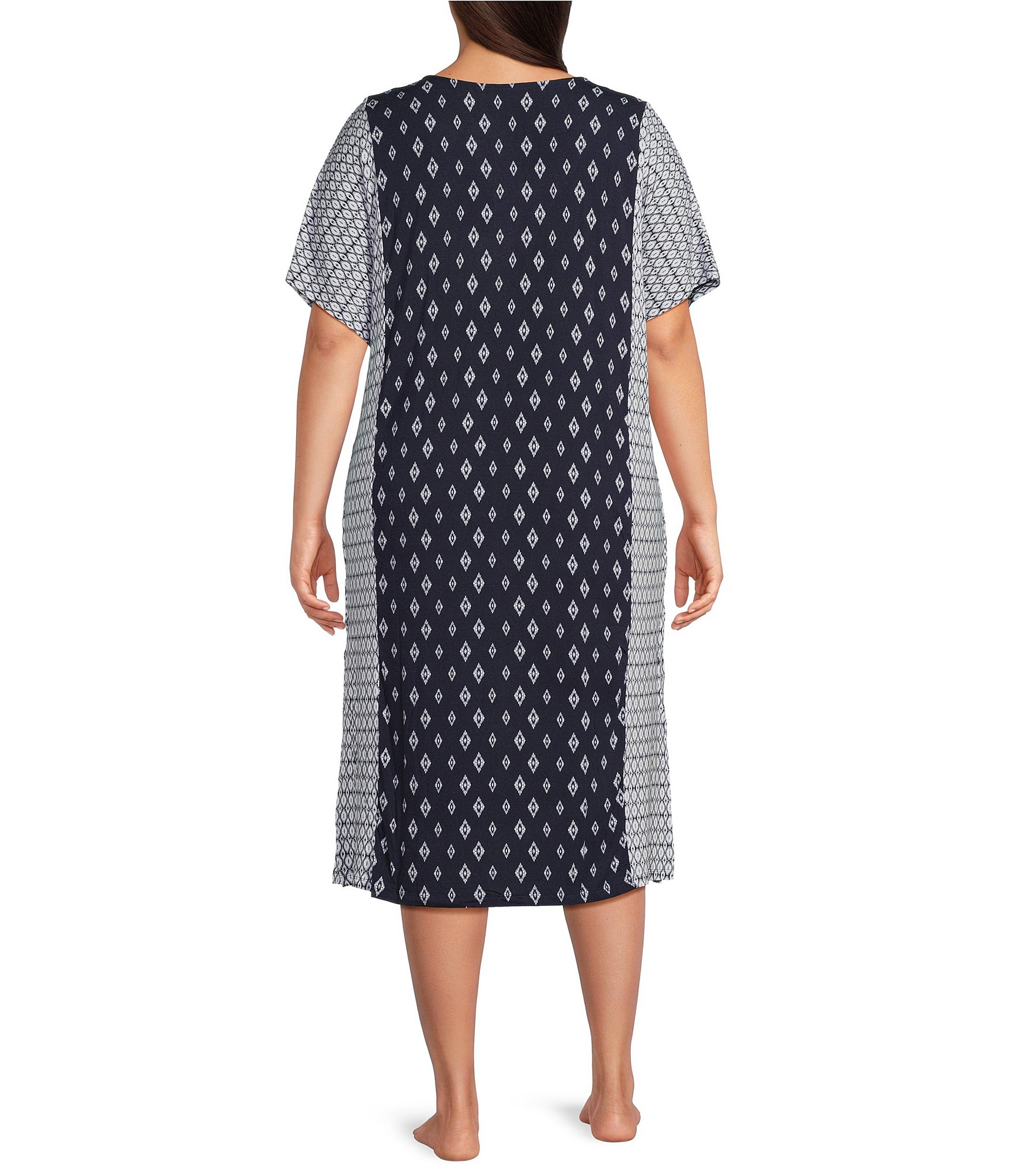 Donna Karan Plus Size Geometric Print Short Sleeve V Neck Knit Sleepshirt