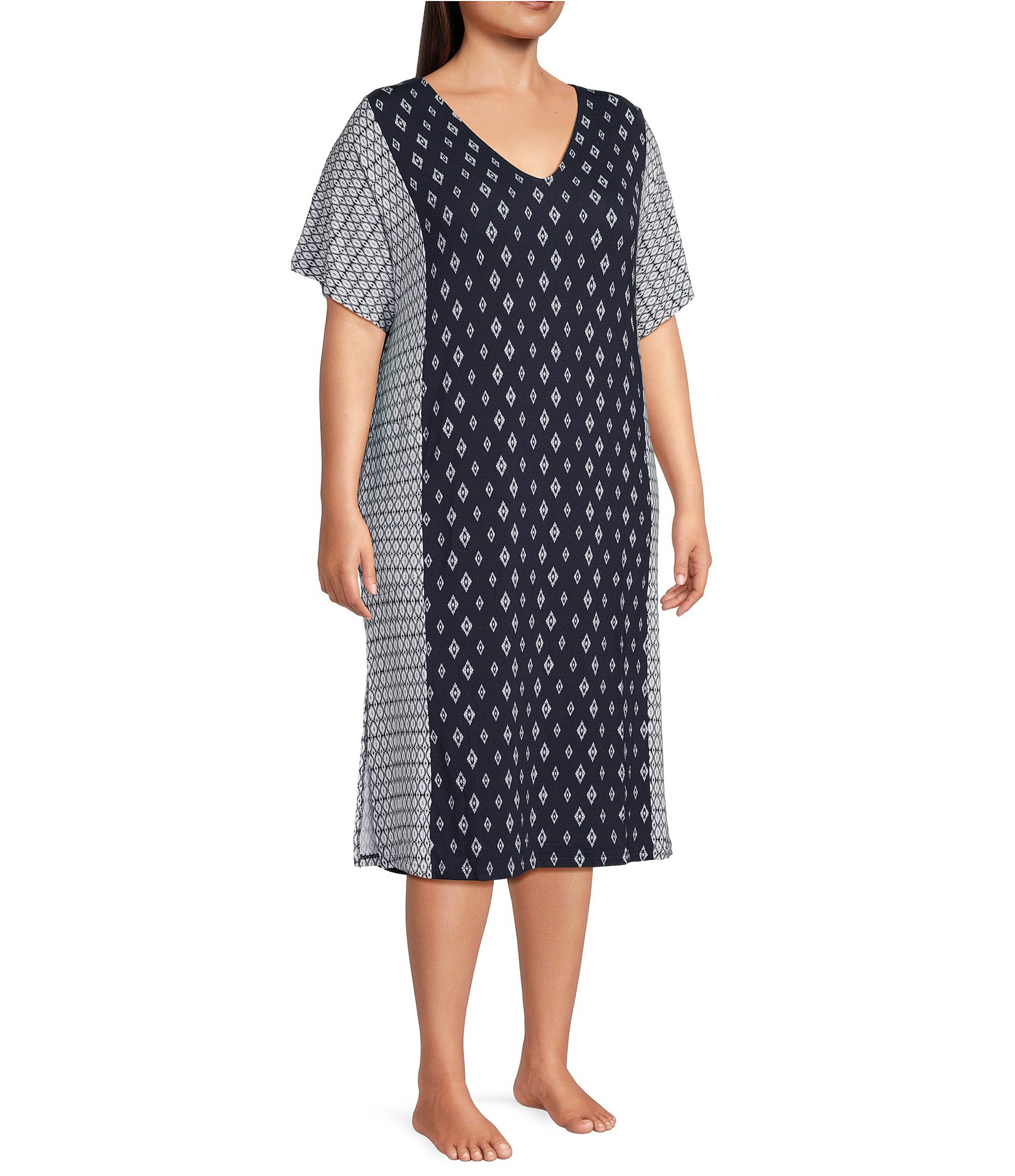 Donna Karan Plus Size Geometric Print Short Sleeve V Neck Knit Sleepshirt