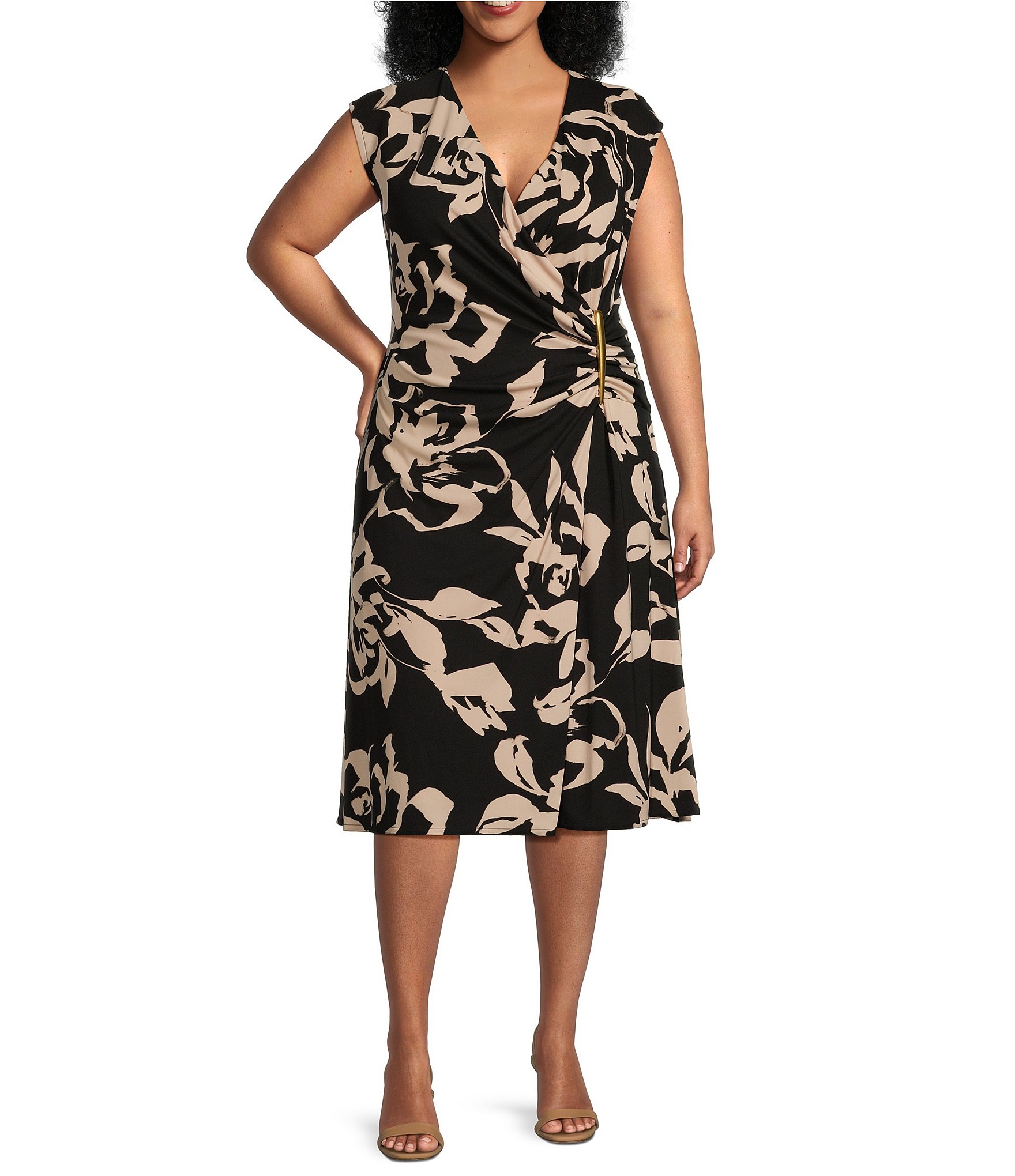 Donna Karan Plus Size Jersey V-Neck Sleeveless Ruched Gold Broach Midi Sheath Dress