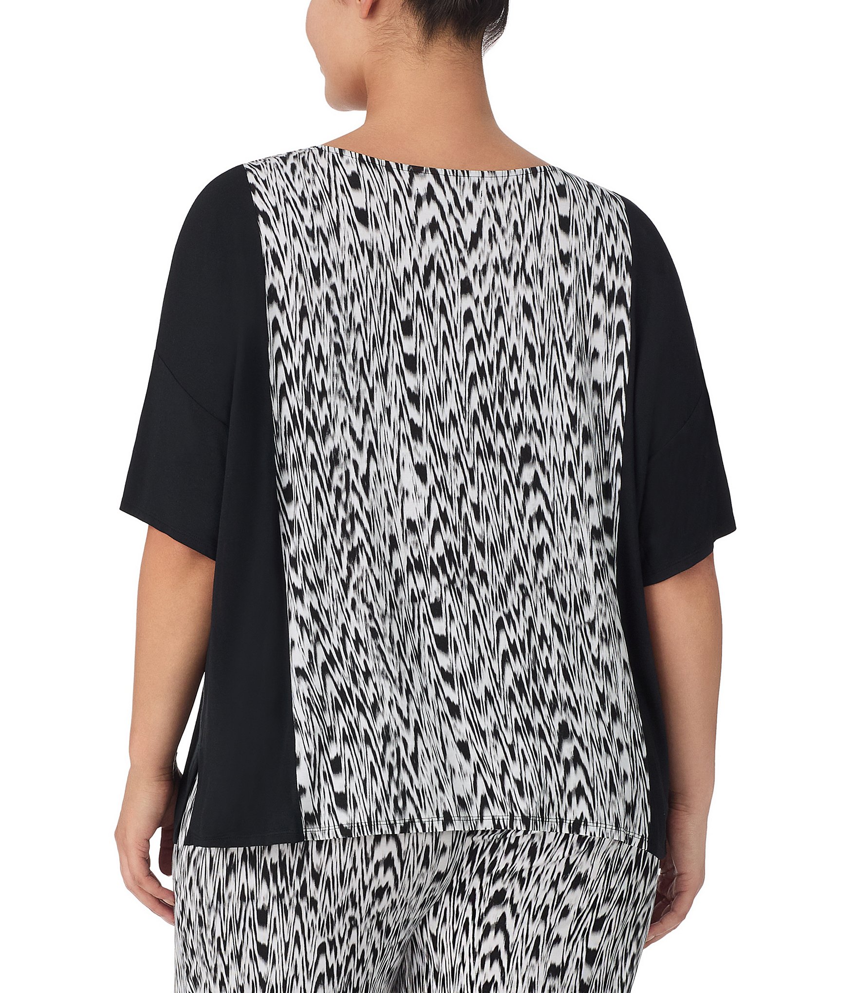 Donna Karan Plus Size Knit Textured Ikat Print Short Sleeve Coordinating Lounge Top