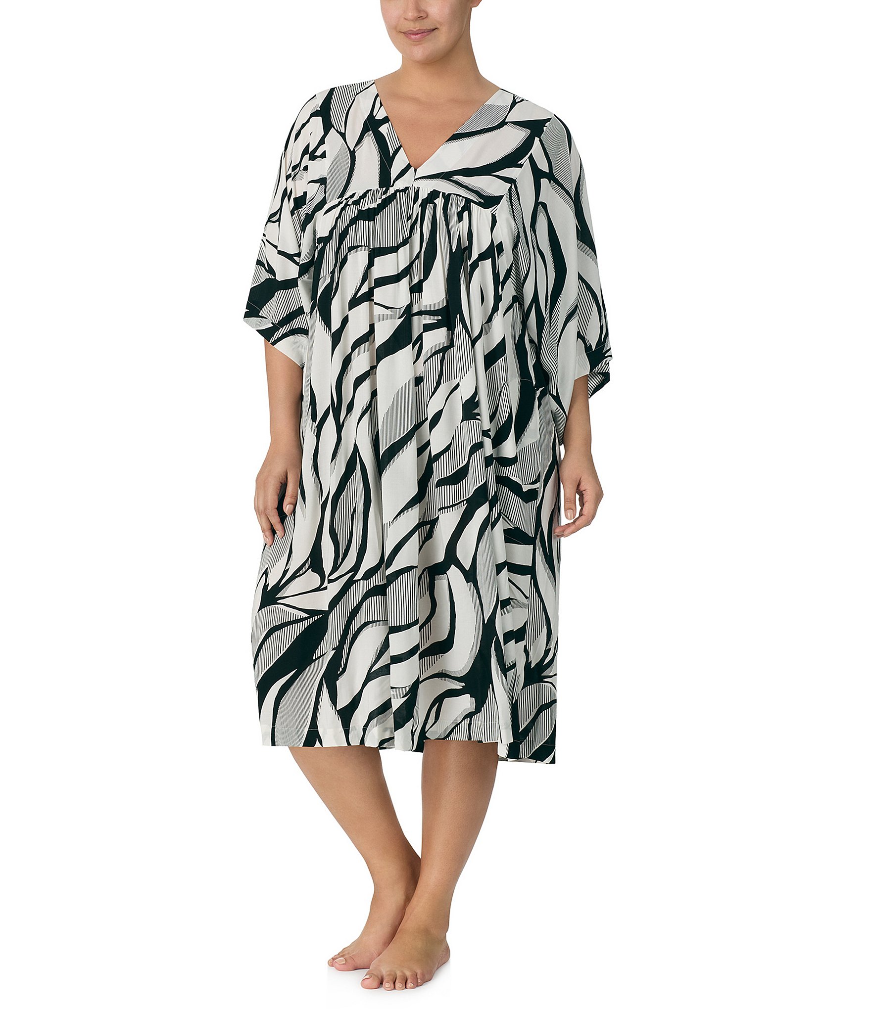 Donna Karan Plus Size Printed Half Sleeve V Neck Woven Sleepshirt