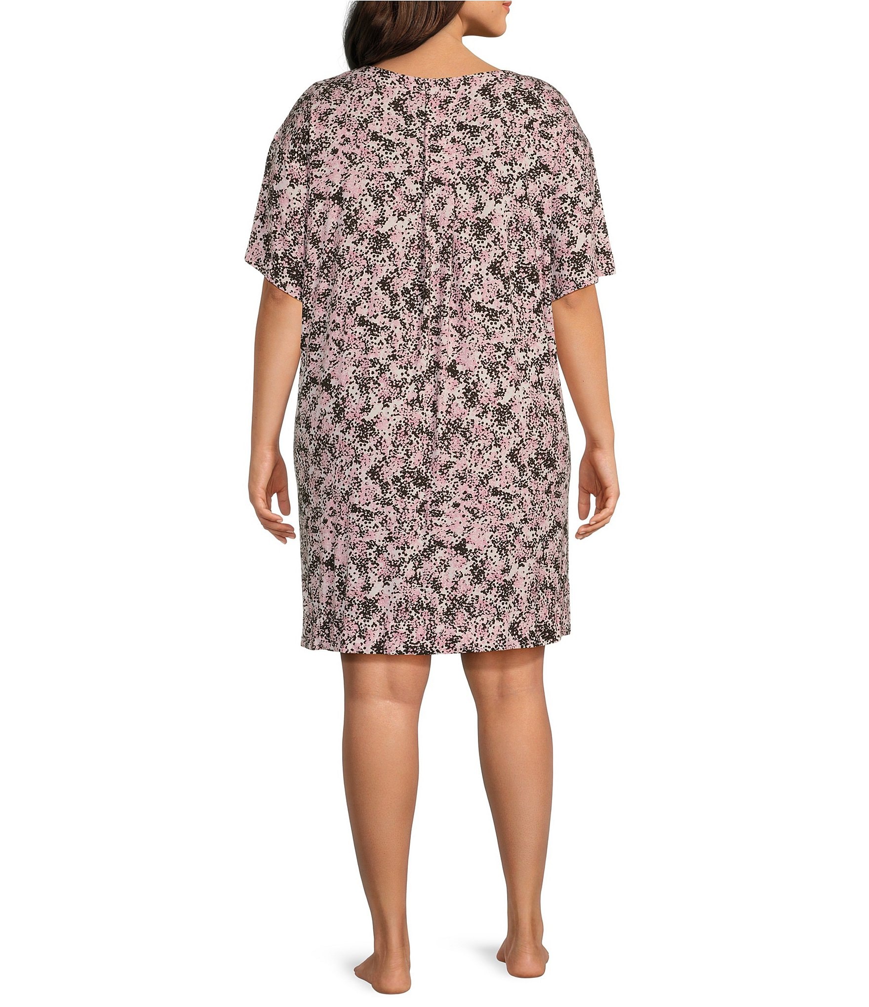 Donna Karan Plus Size Printed Short Sleeve V-Neck Knit Sleepshirt