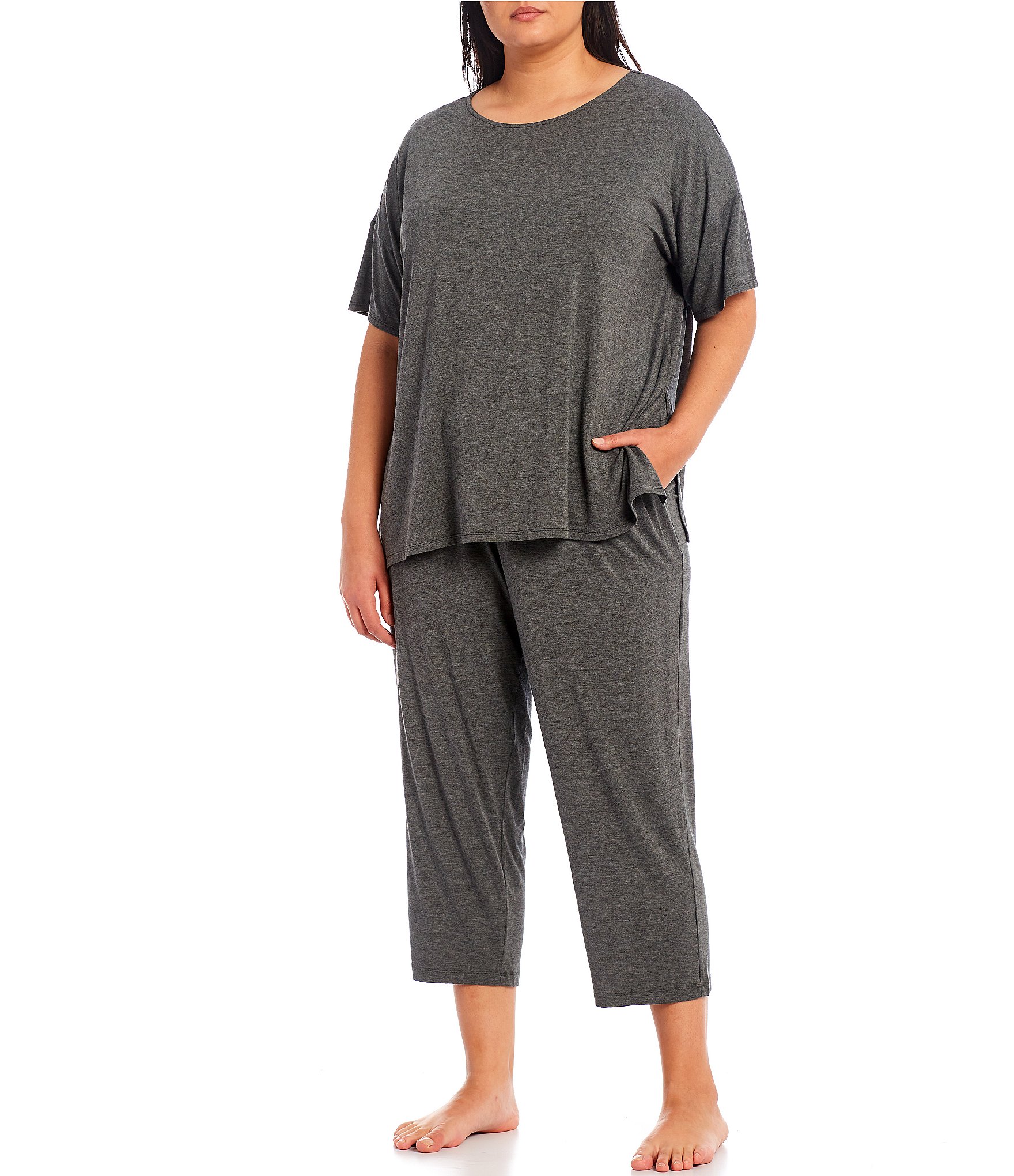 Donna Karan Plus Size Solid Basic Jersey Knit Drawstring Coordinating Cropped Sleep Pants