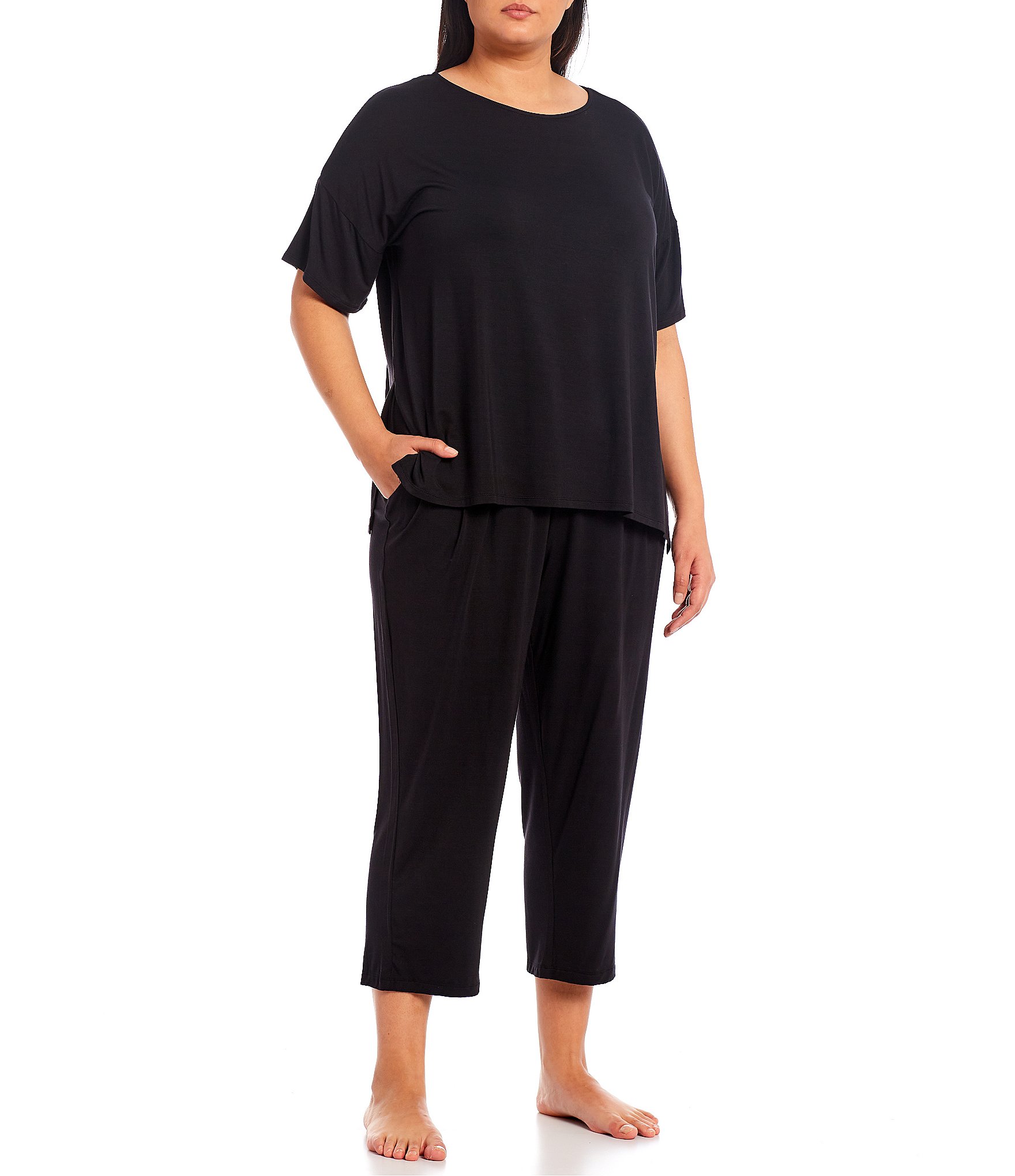 Donna Karan Plus Size Solid Basic Jersey Knit Drawstring Coordinating Cropped Sleep Pants