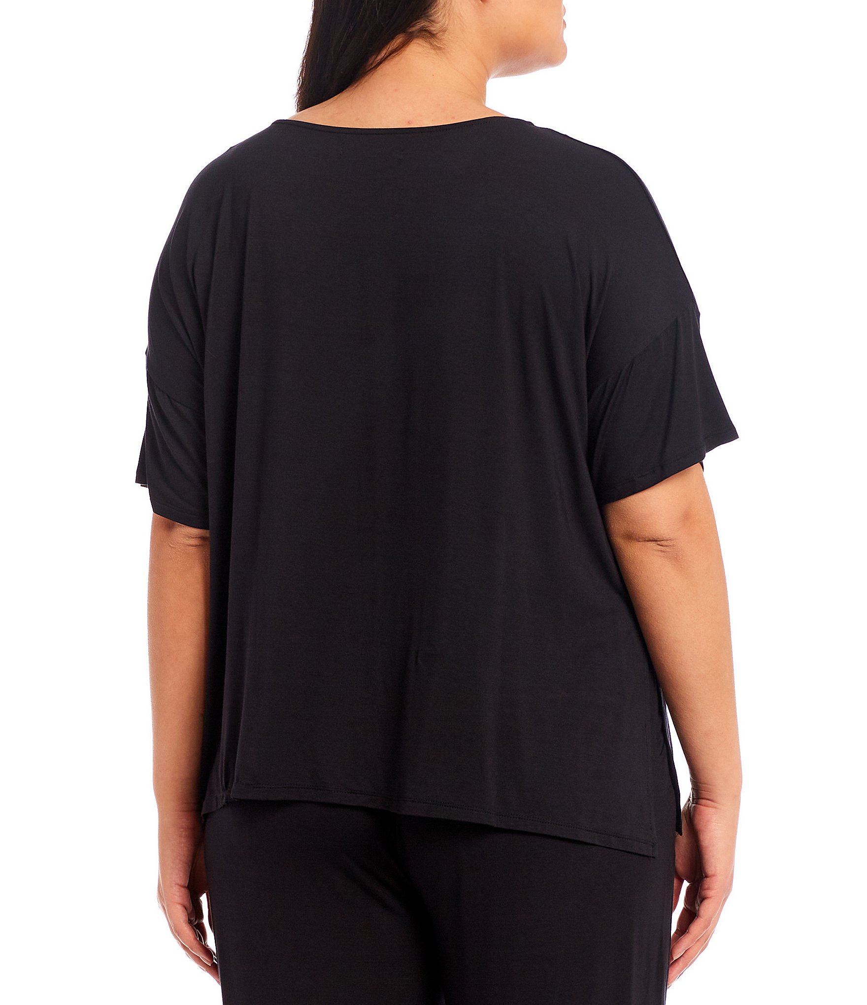 Donna Karan Plus Size Solid Drop Shoulder Short Sleeve Crew Neck Knit Coordinating Sleep Top