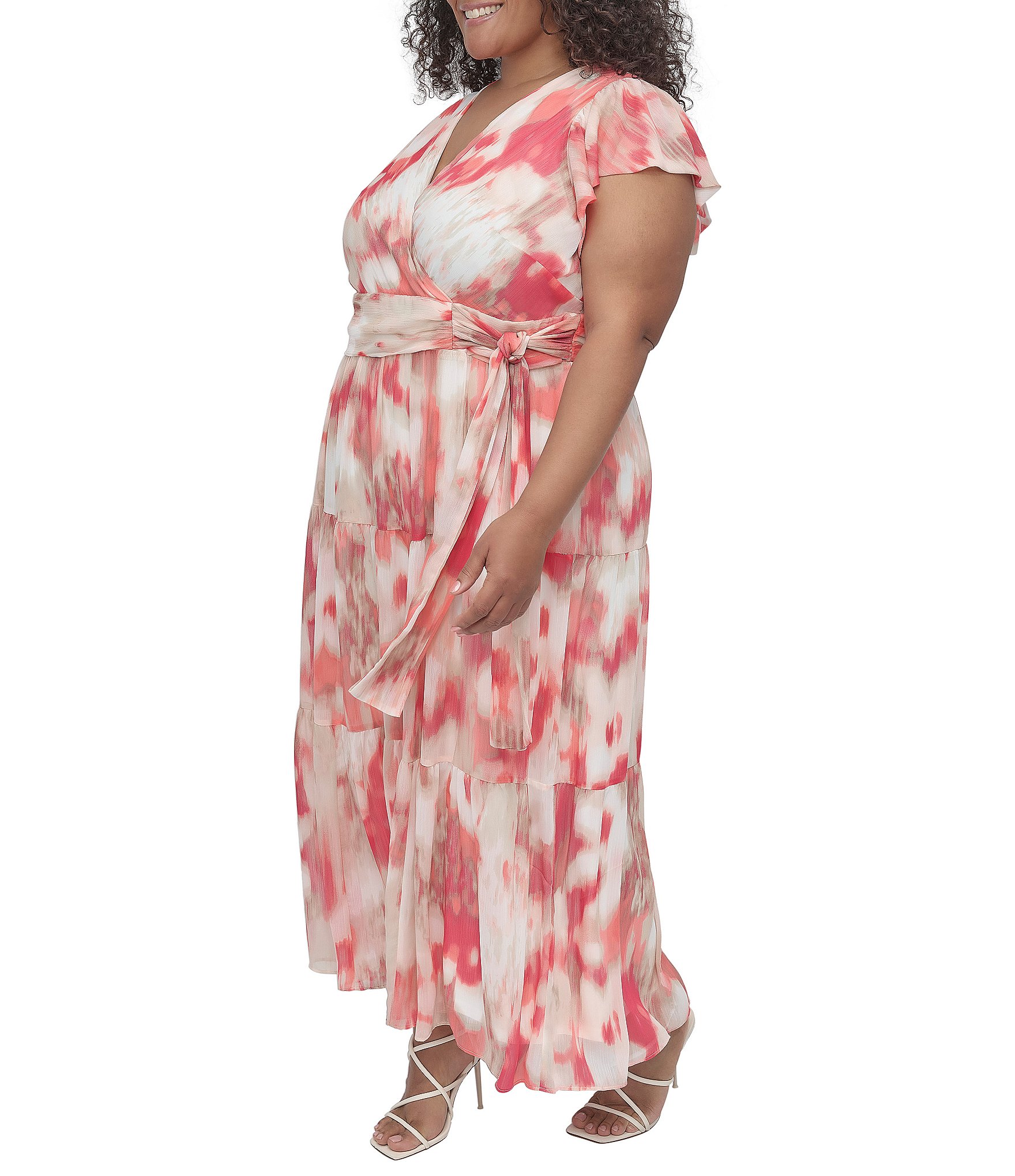 Donna Karan Plus Size V-Neck Flutter Sleeve Tiered A Line Dress