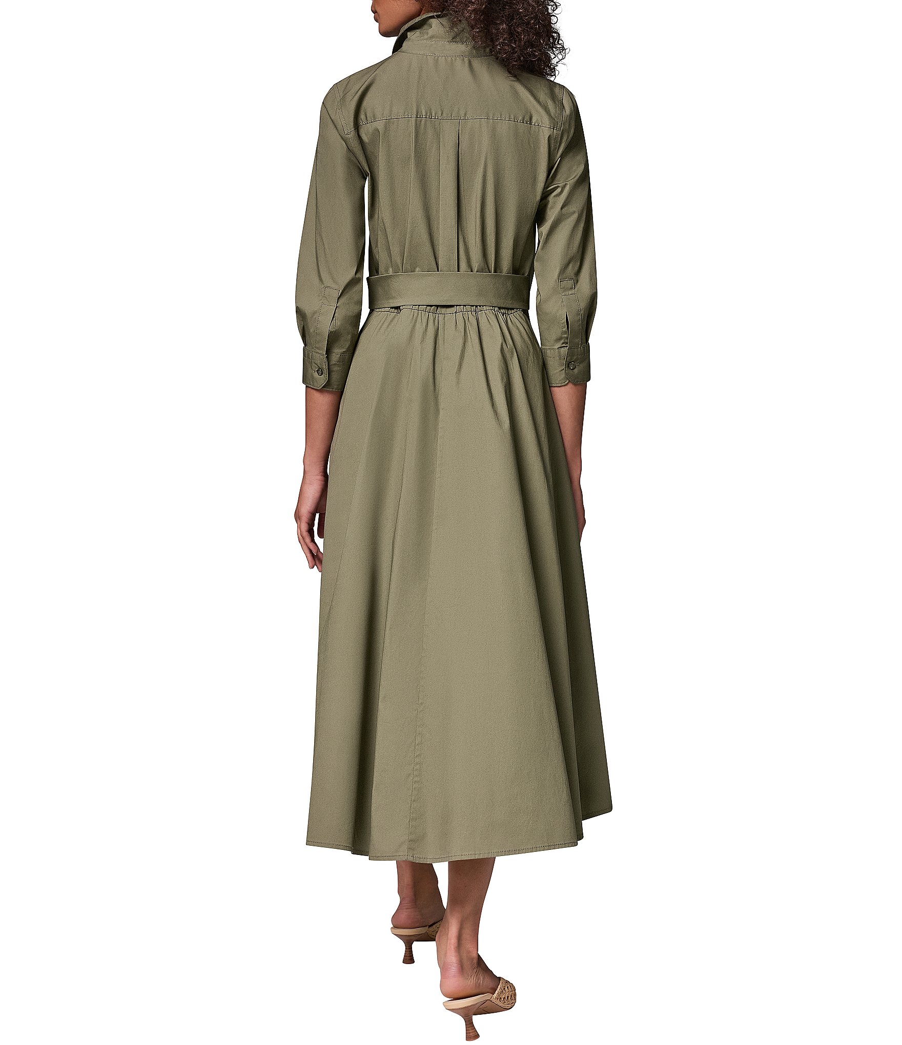 Donna Karan Poplin 3/4 Sleeve Tie Front Shirt Dress