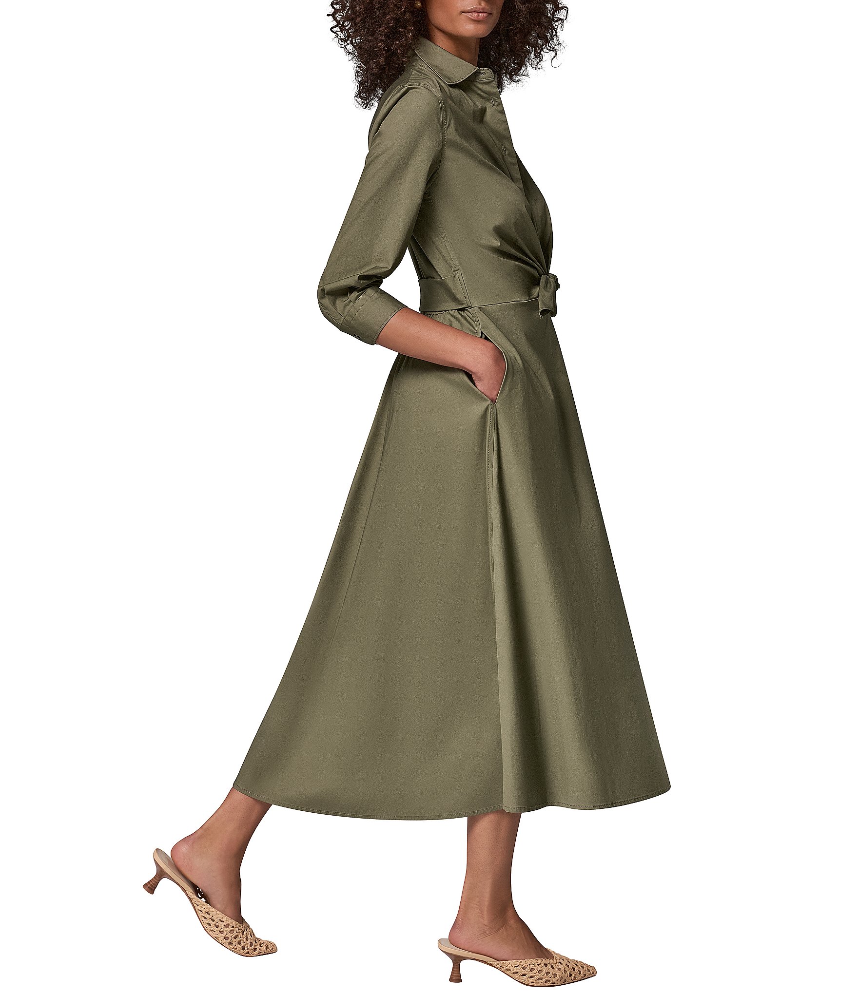 Donna Karan Poplin 3/4 Sleeve Tie Front Shirt Dress