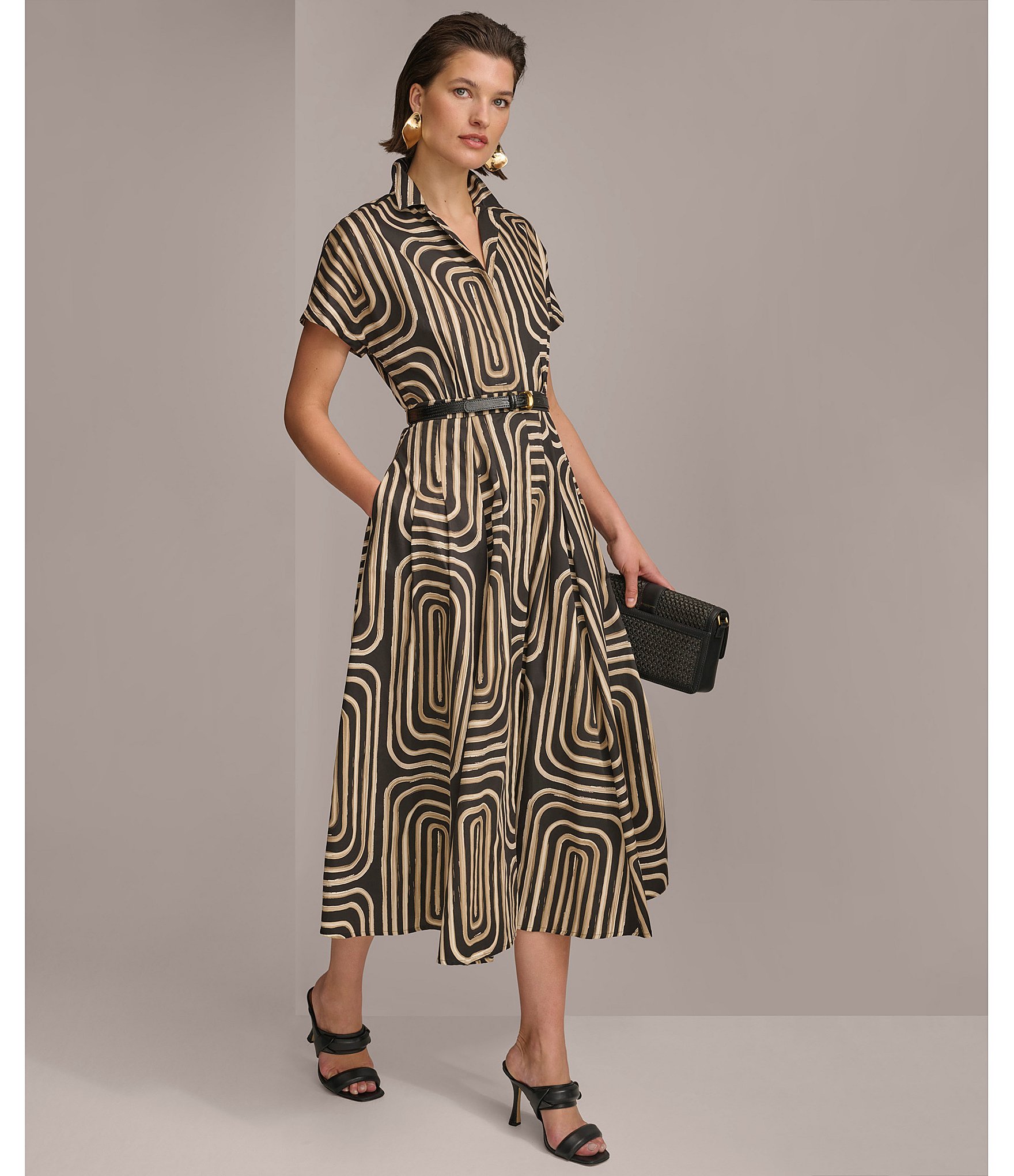 Donna Karan Abstract Print Collared Short Sleeve Midi Shirt Dress