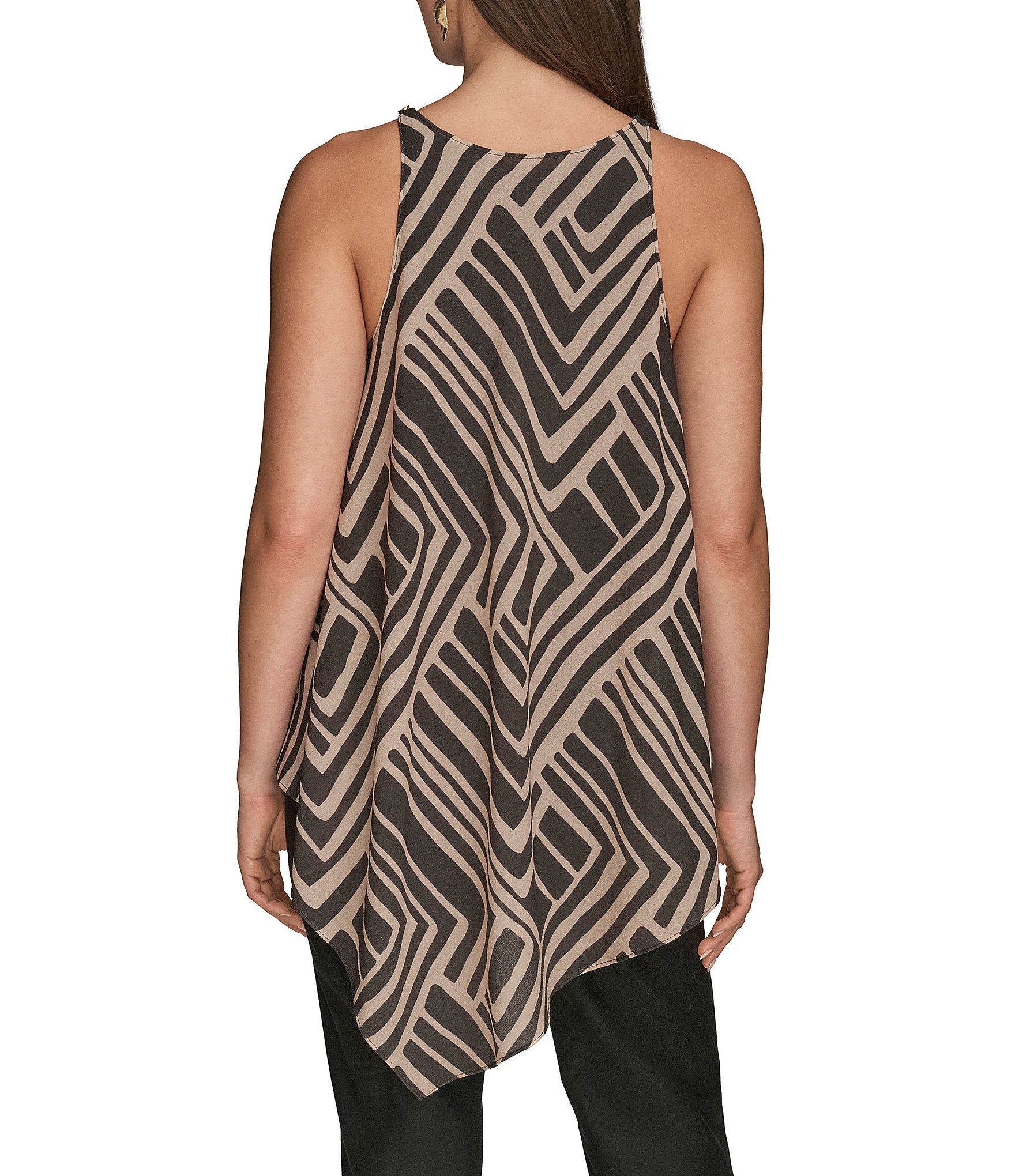 Donna Karan Printed Crew Neck Sleeveless Angled Top