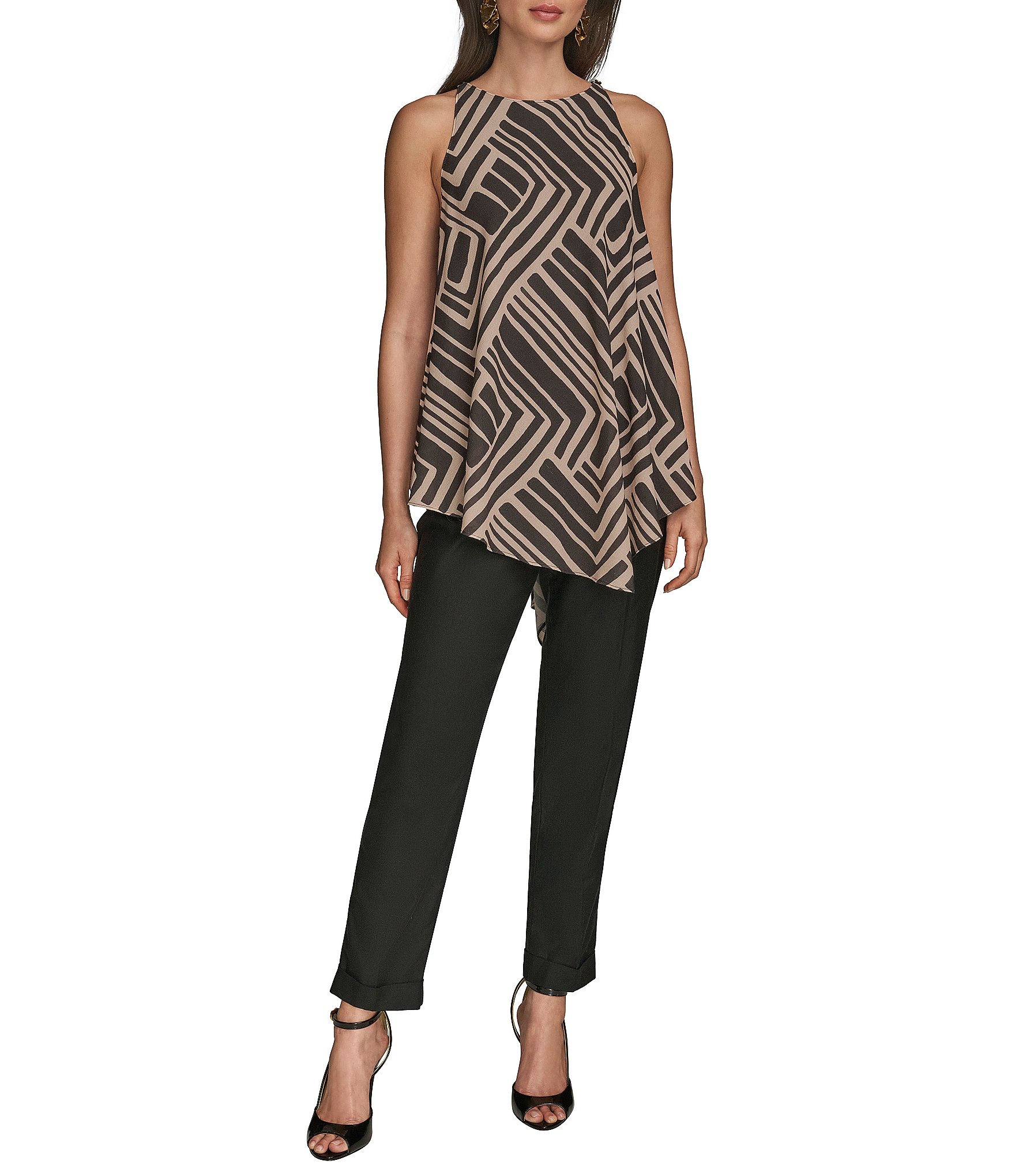 Donna Karan Printed Crew Neck Sleeveless Angled Top
