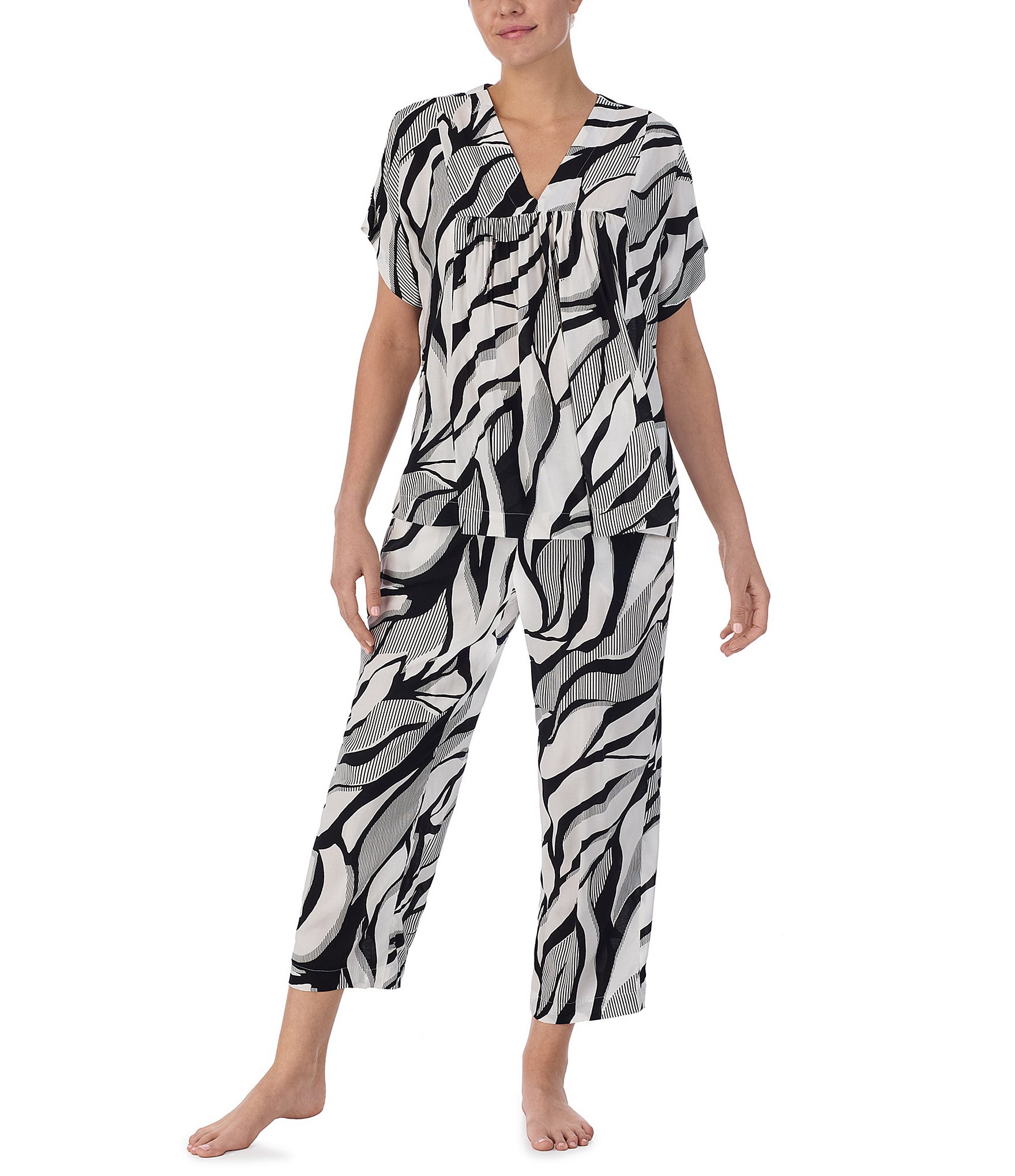 Donna Karan Printed Dolman Sleeve V-Neck Woven Cropped Pajama Set