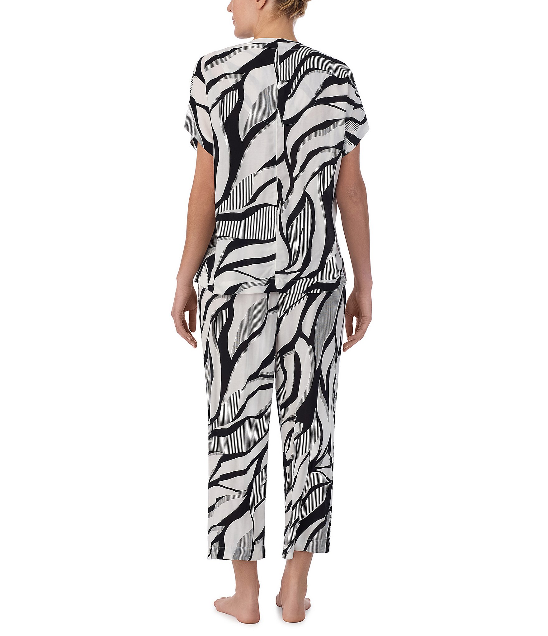 Donna Karan Printed Dolman Sleeve V-Neck Woven Cropped Pajama Set