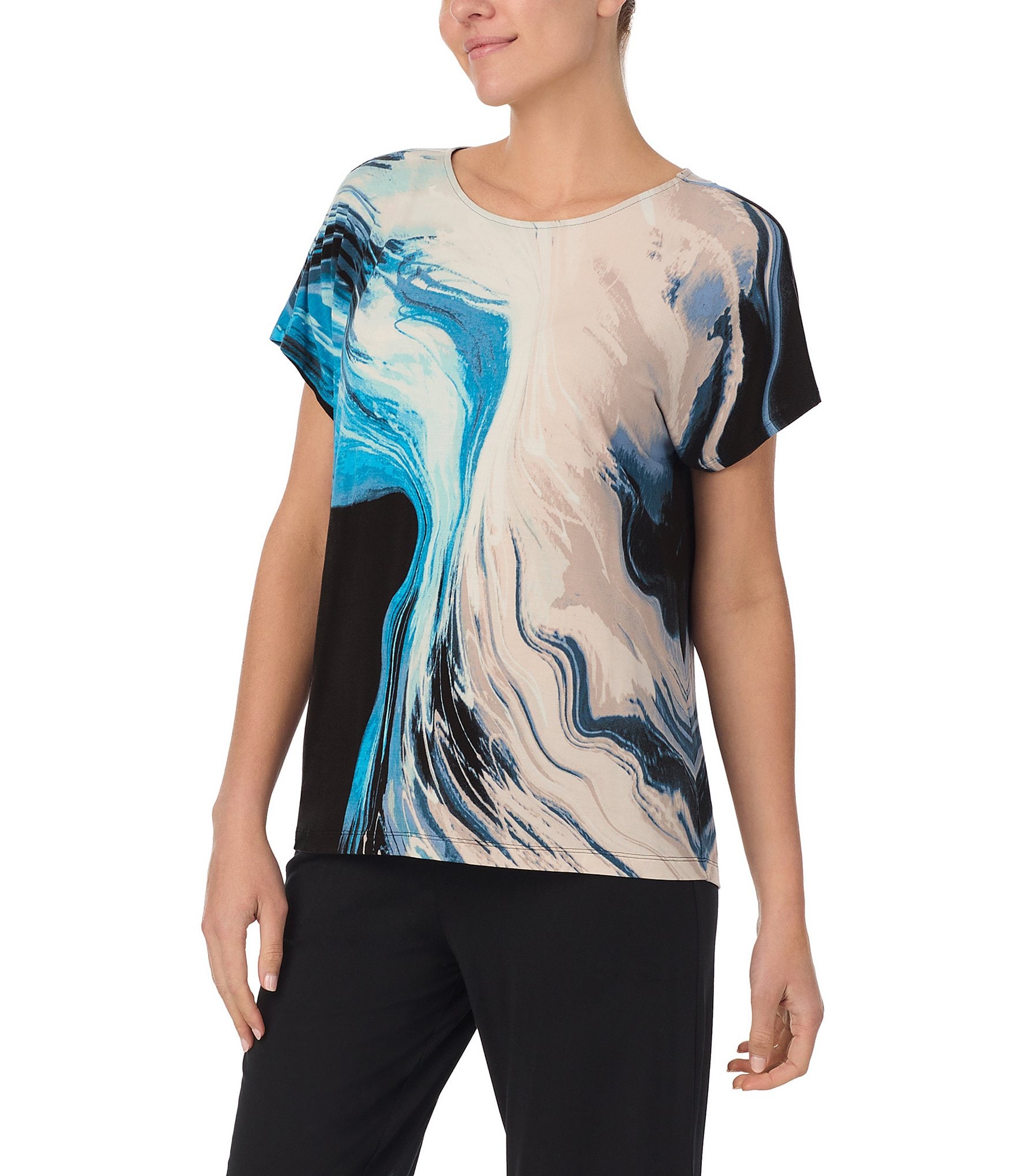 Donna Karan Printed Short Sleeve Boat Neck Sleep Top