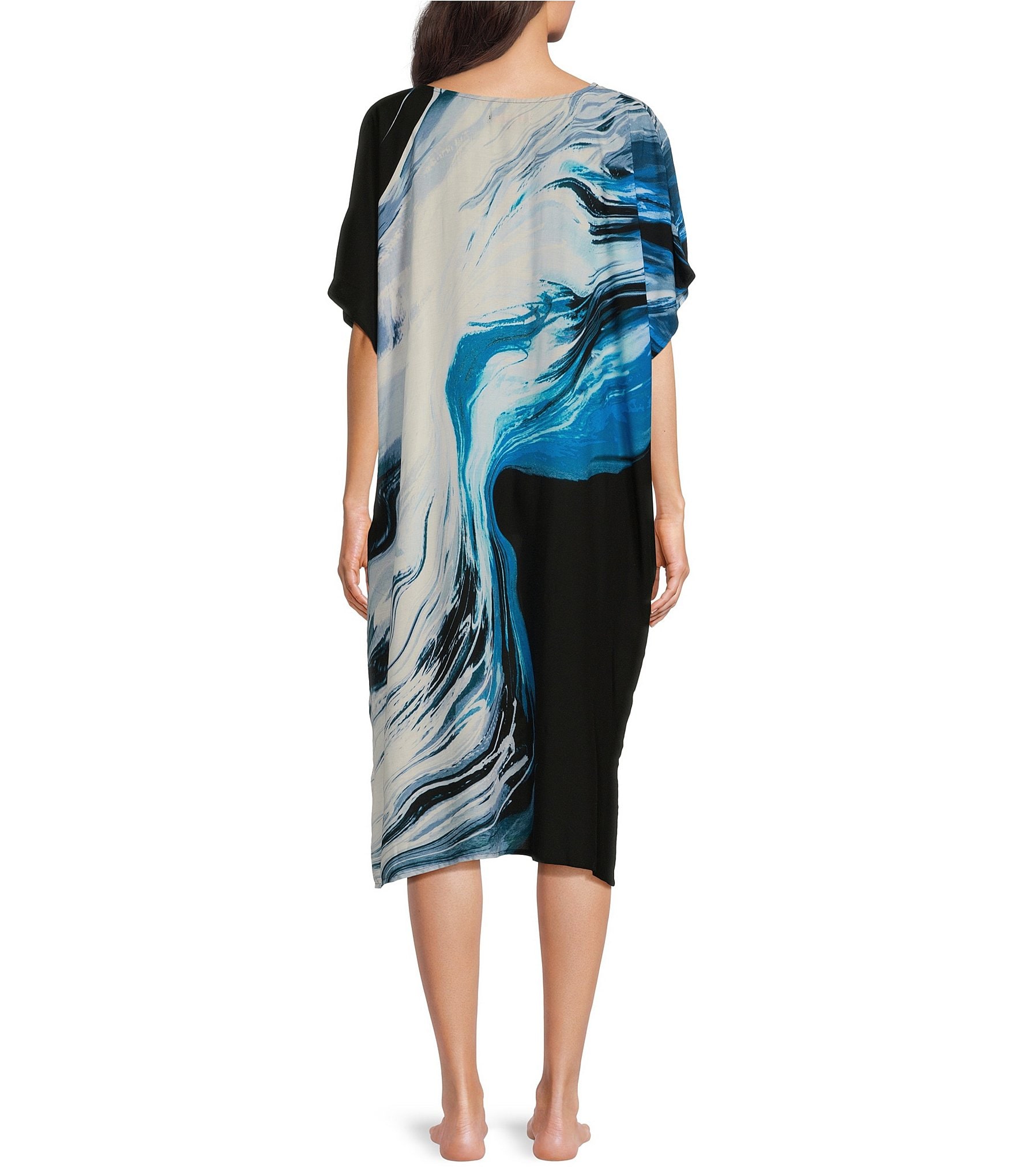 Donna Karan Printed Short Sleeve V Neck Caftan