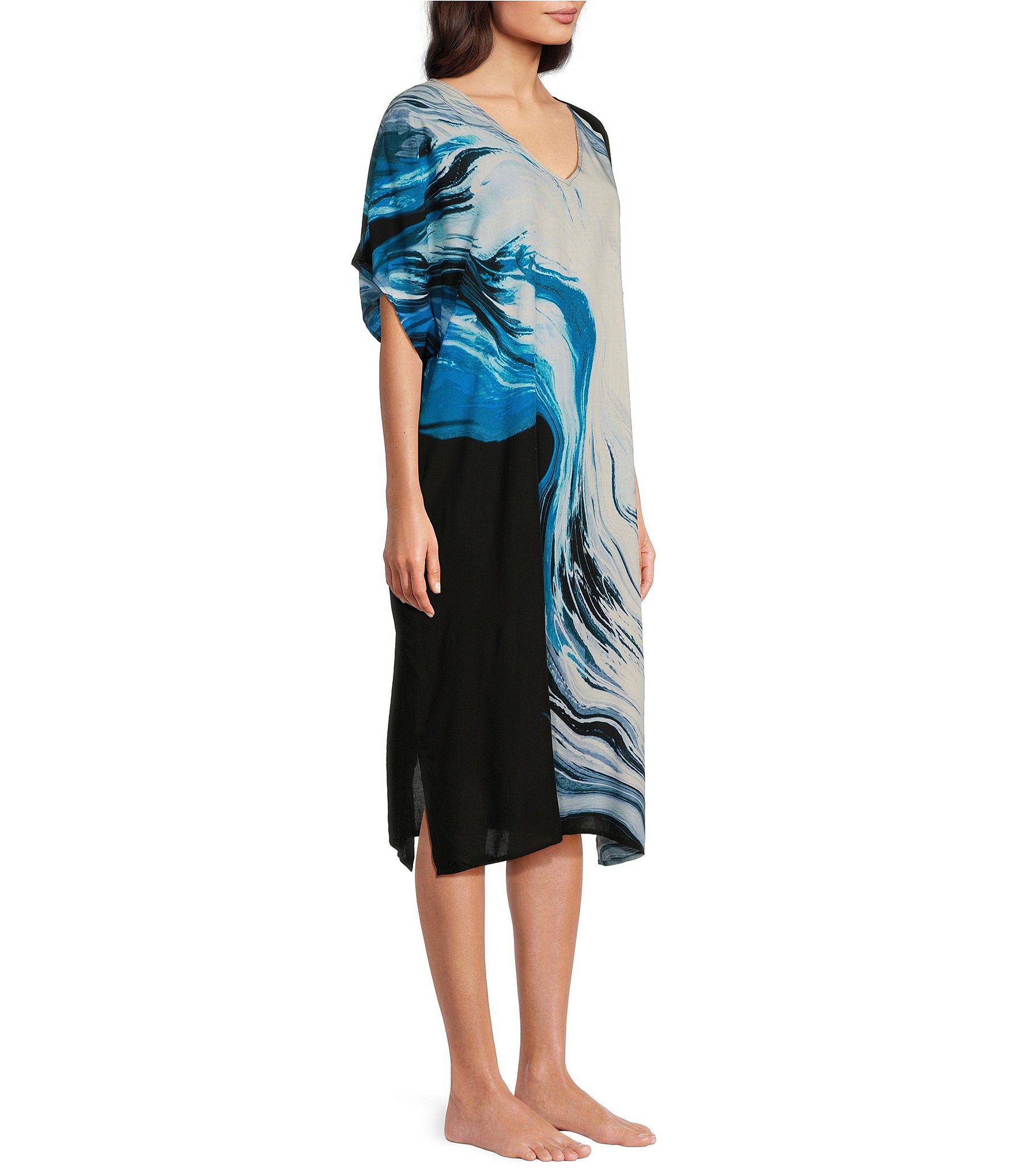 Donna Karan Printed Short Sleeve V Neck Caftan