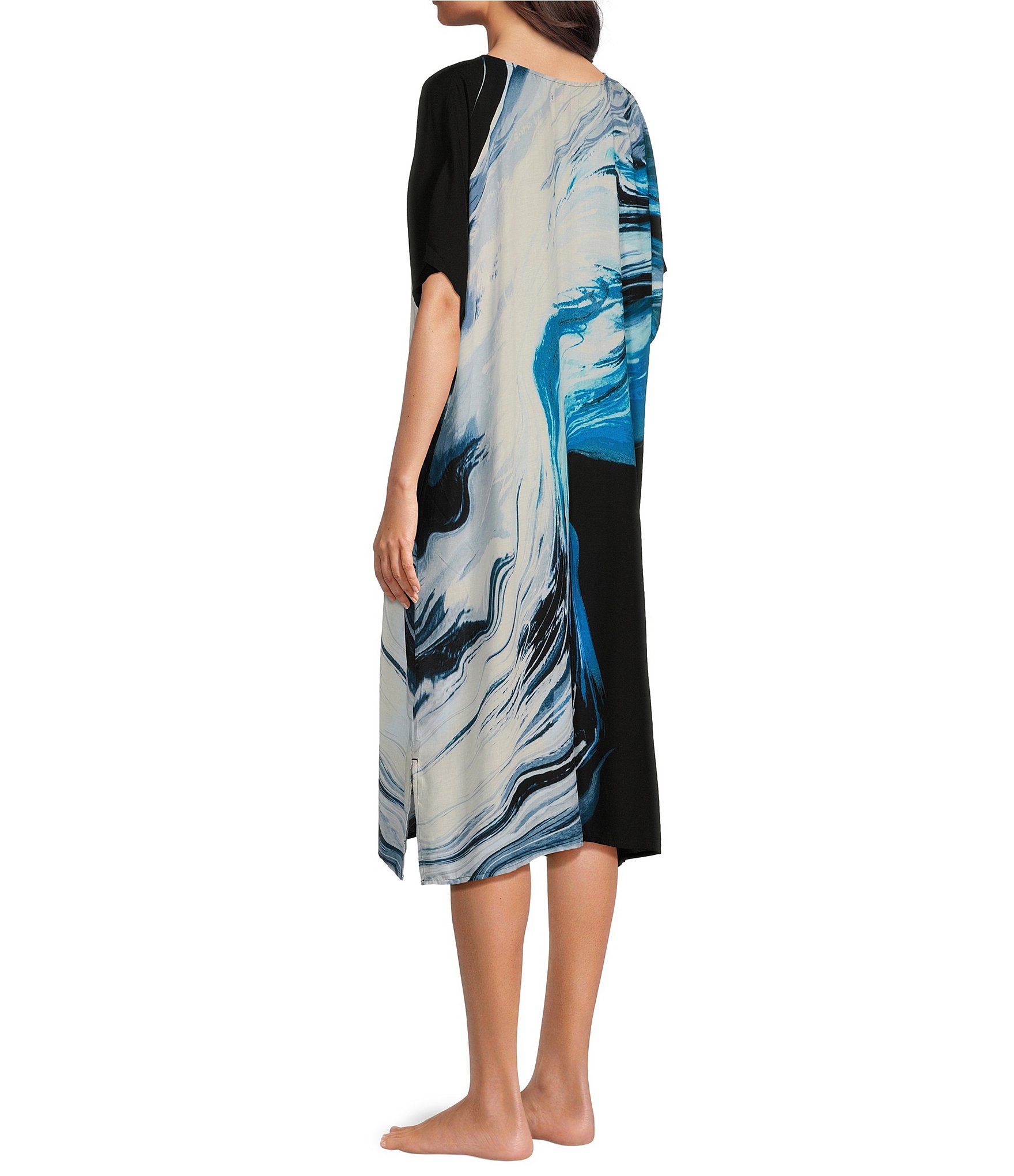 Donna Karan Printed Short Sleeve V Neck Caftan