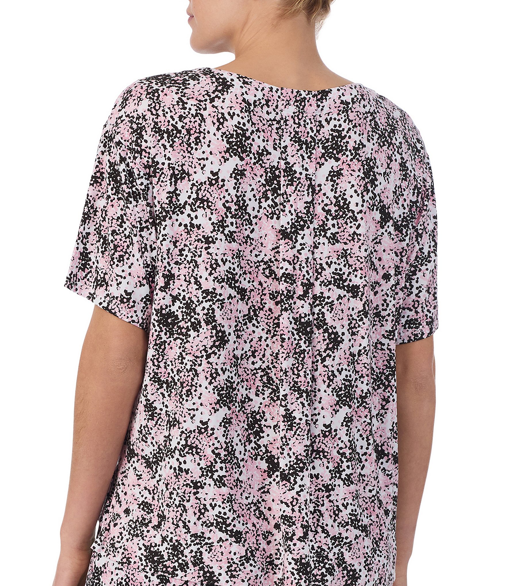 Donna Karan Printed Short Sleeve V-Neck Jersey Knit Sleep Top