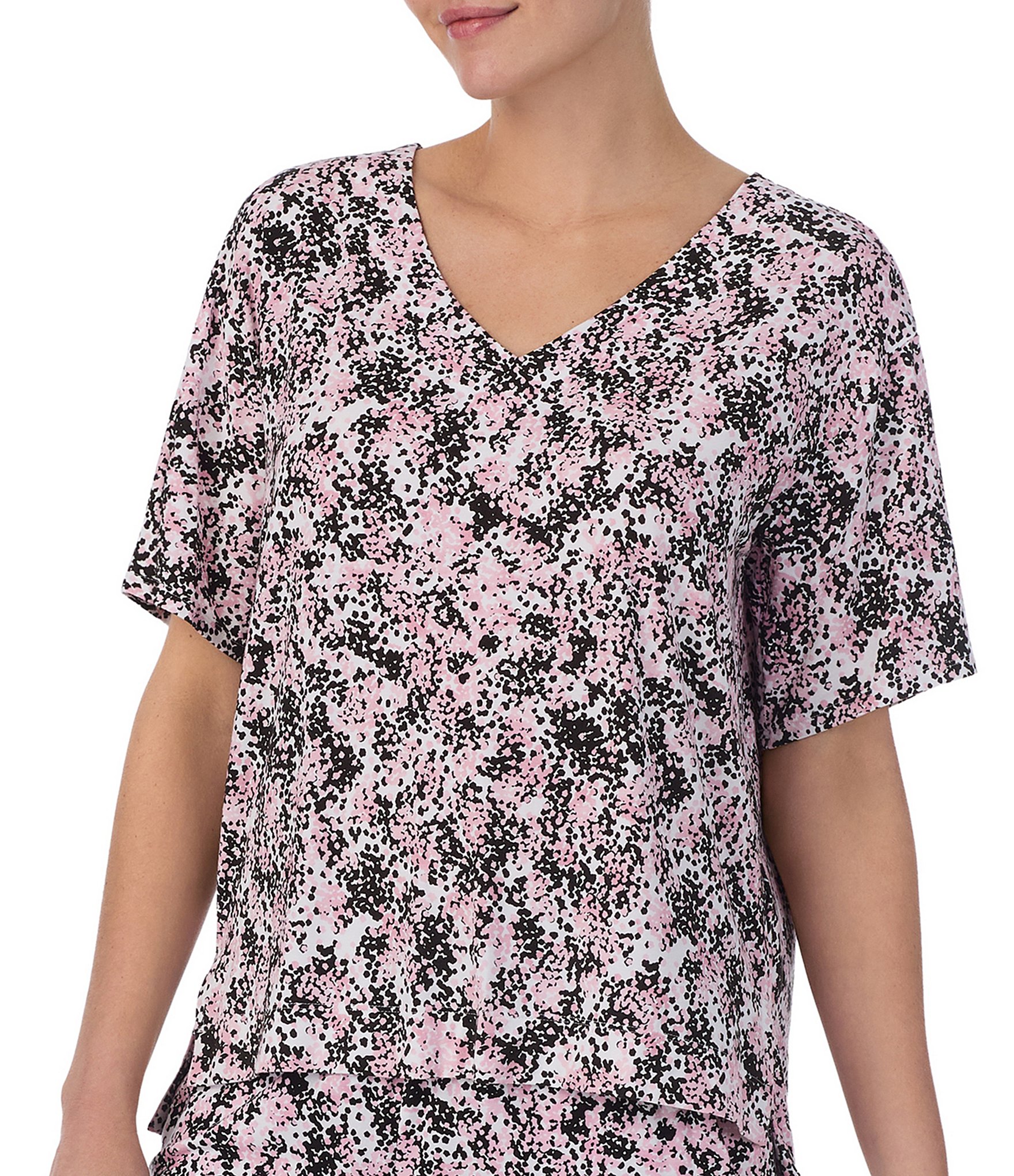 Donna Karan Printed Short Sleeve V-Neck Jersey Knit Sleep Top