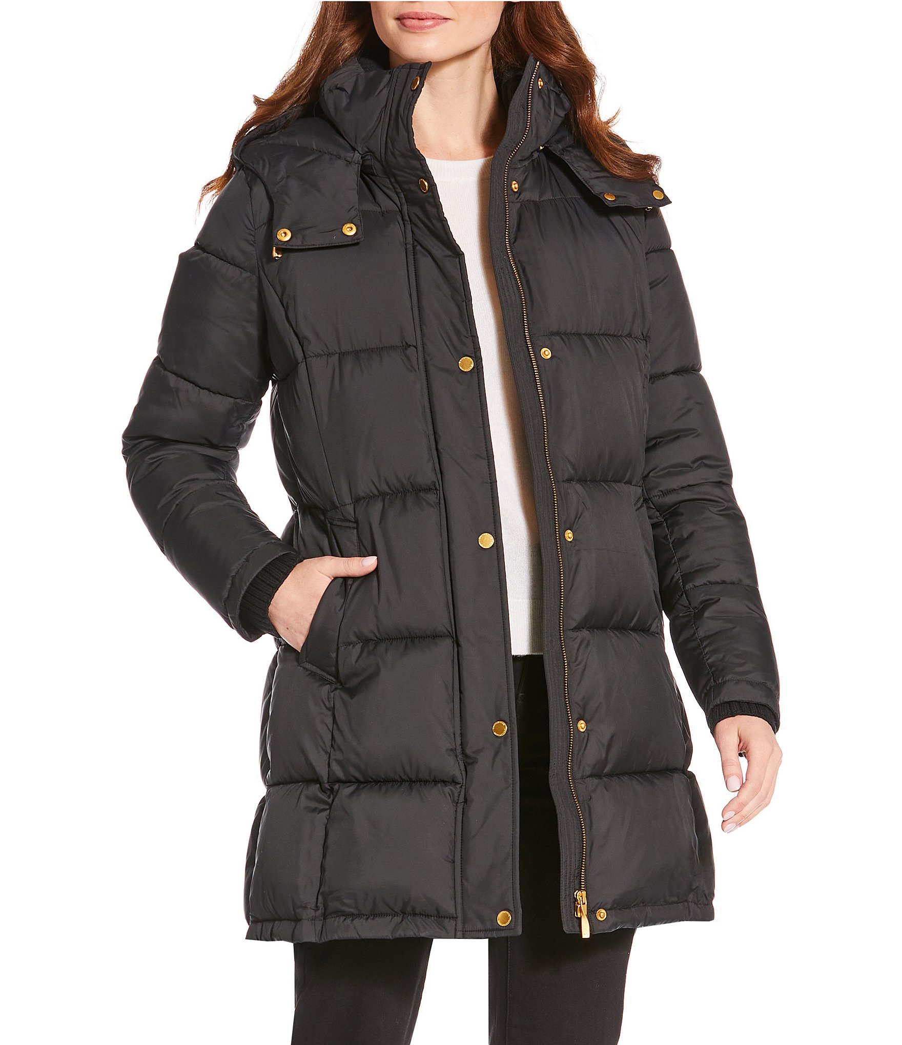 Donna Karan Rib Knit Stand Collar Hooded Snap Front Puffer Coat