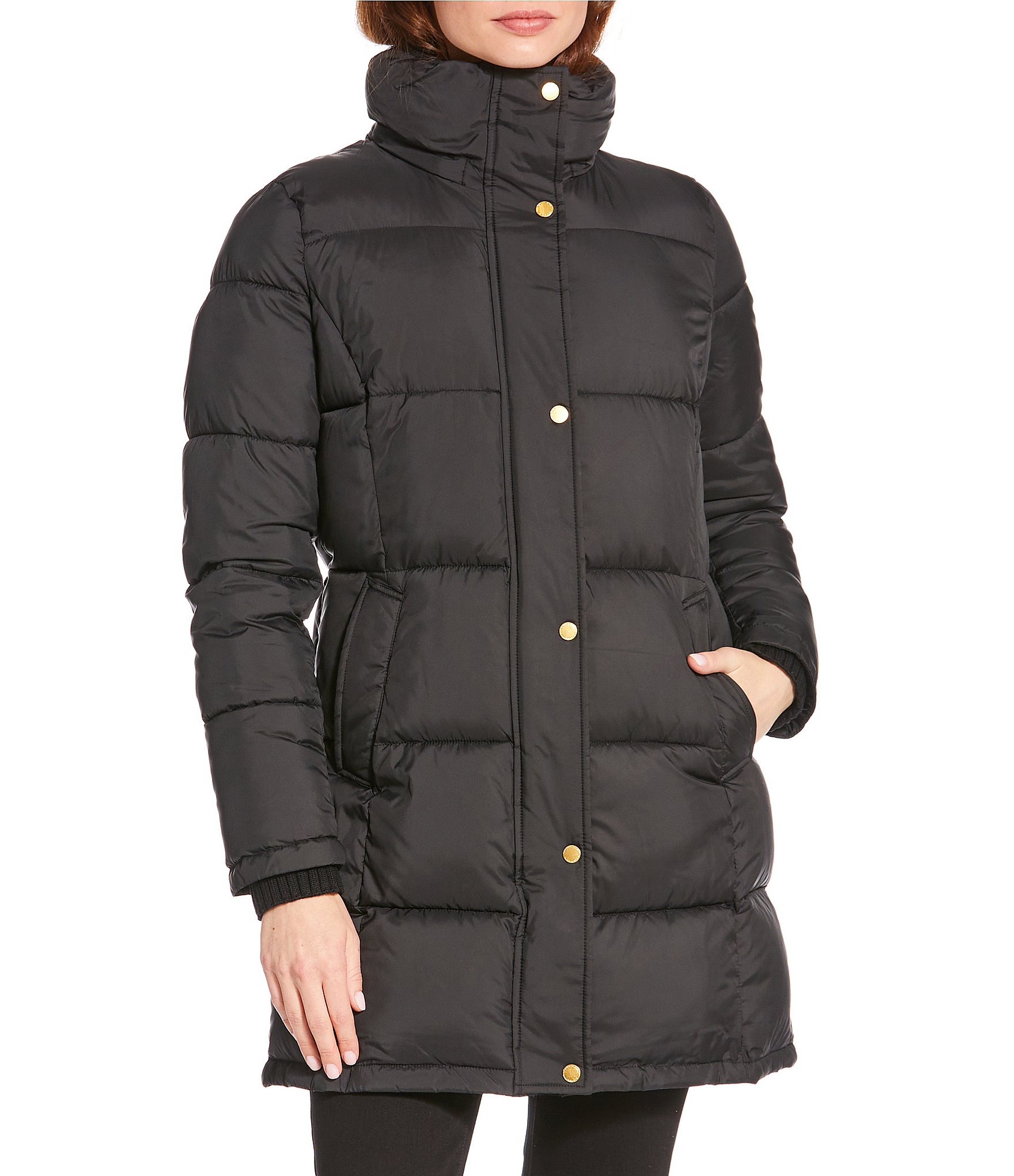 Donna Karan Rib Knit Stand Collar Hooded Snap Front Puffer Coat