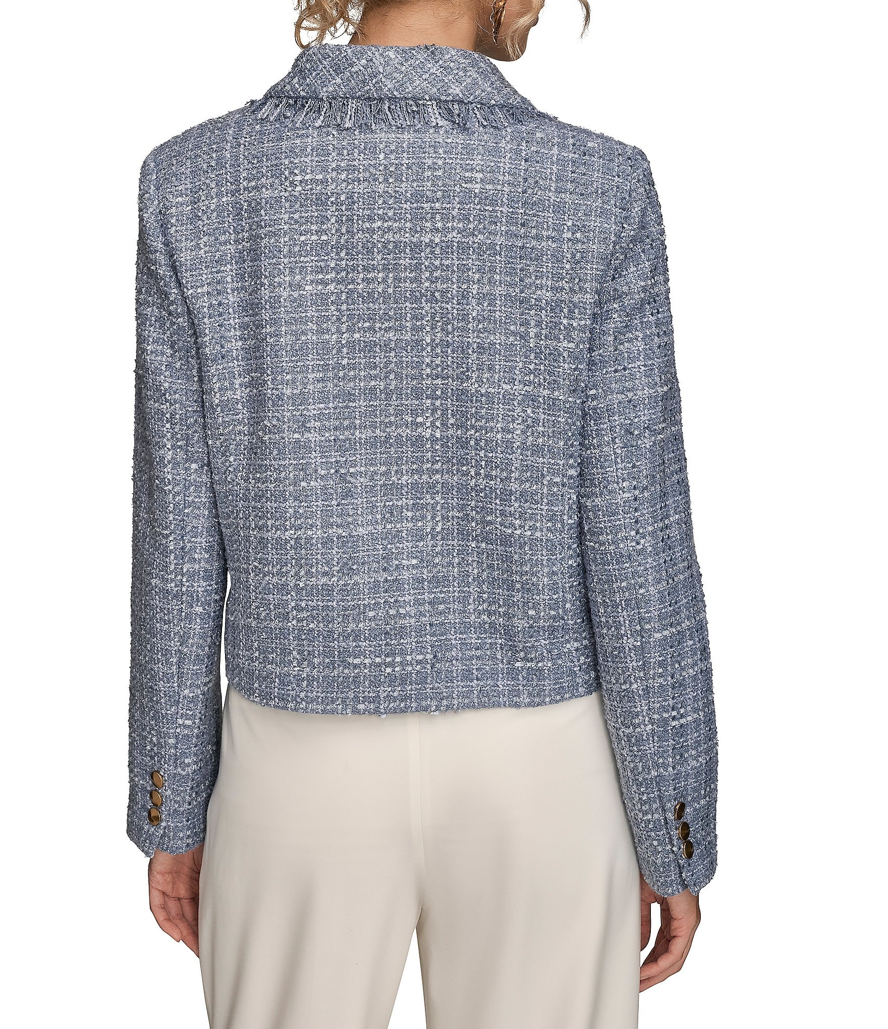 Donna Karan Ribbon Tweed Fringe Cropped Double Breasted Jacket