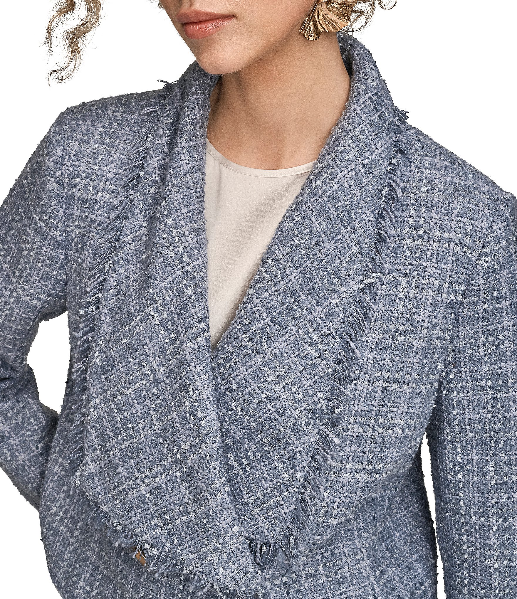 Donna Karan Ribbon Tweed Fringe Cropped Double Breasted Jacket