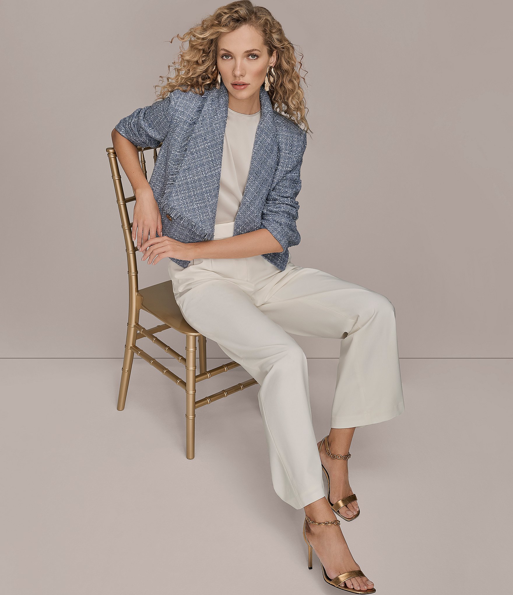 Donna Karan Ribbon Tweed Fringe Cropped Double Breasted Jacket