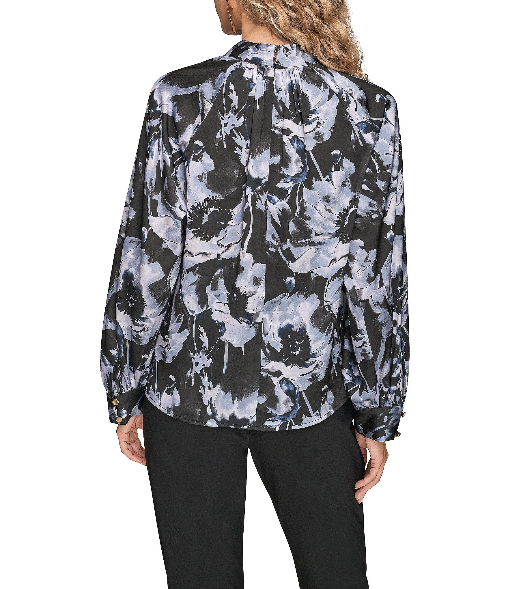 Donna Karan Satin Back Crepe Button Floral Print Embellished Gathered Mock Neck Long Sleeve Blouse