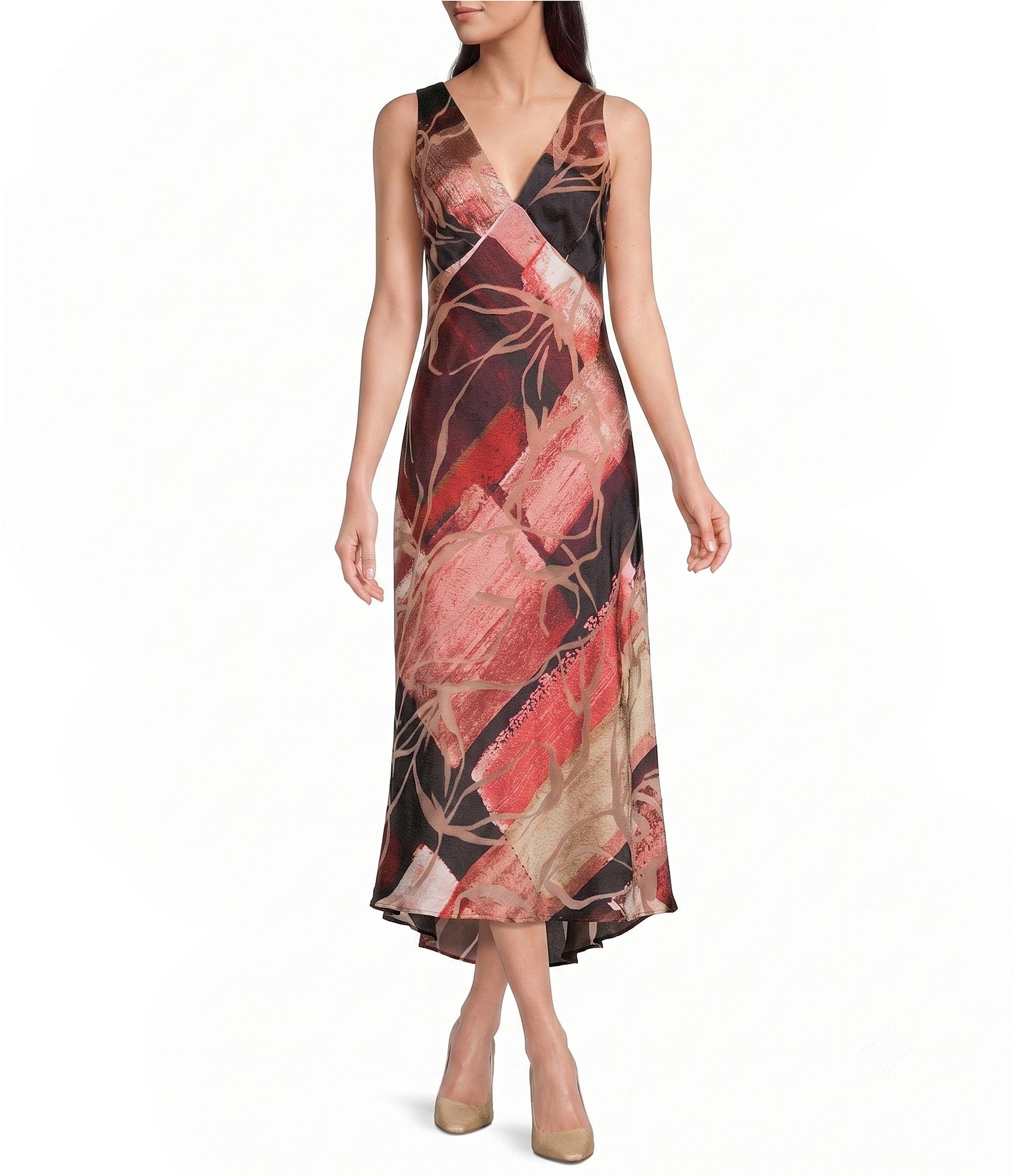 Donna Karan Satin Burnout V-Neck Sleeveless Midi Dress