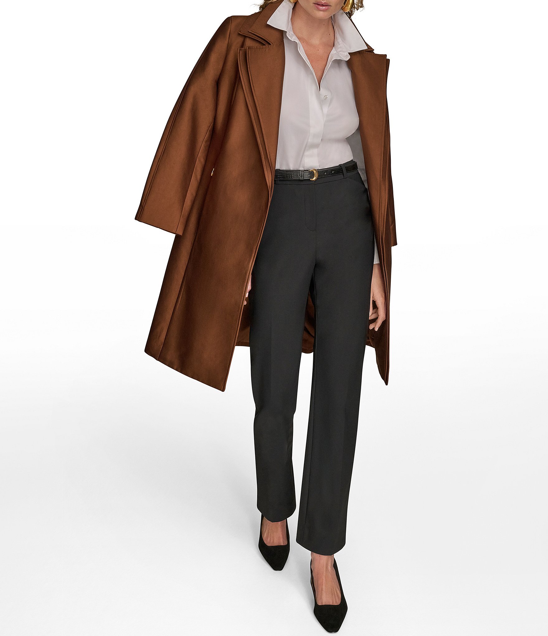 Donna Karan Satin Double Collar Belted Trench Coat