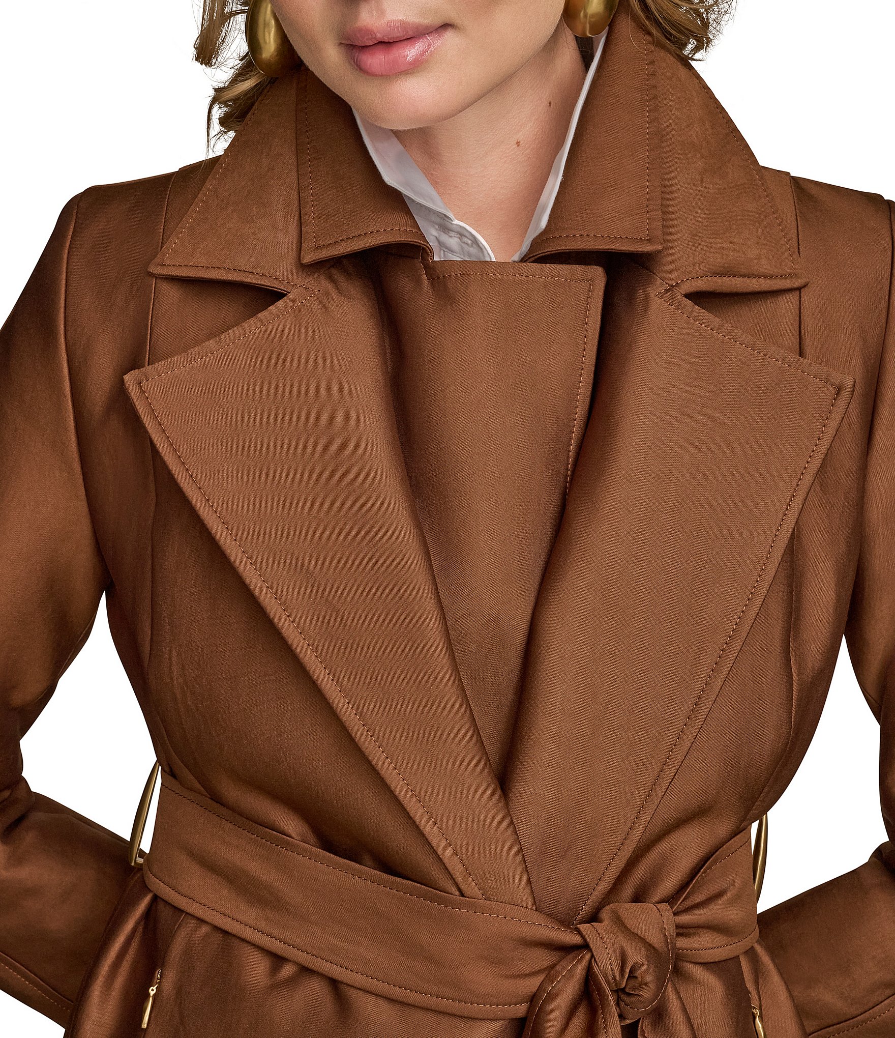 Donna Karan Satin Double Collar Belted Trench Coat