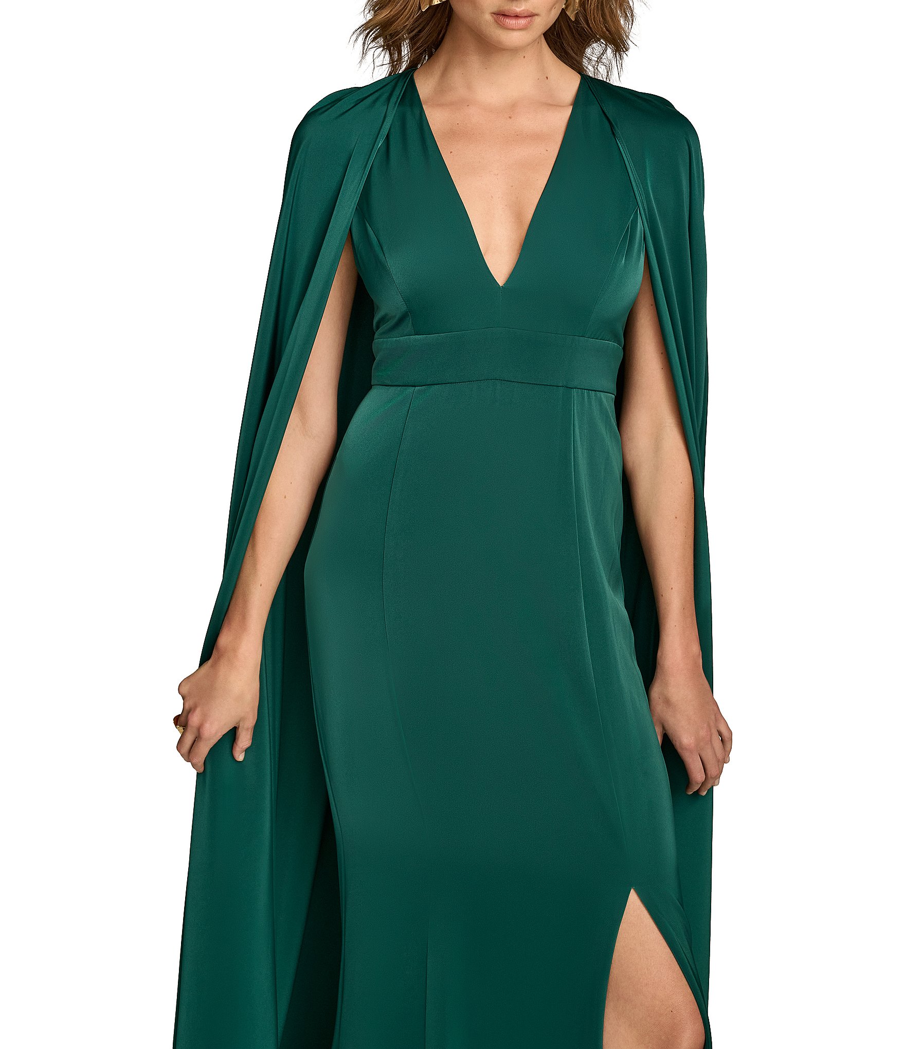 Donna Karan Satin Plunge V-Neck Cape A-Line Gown