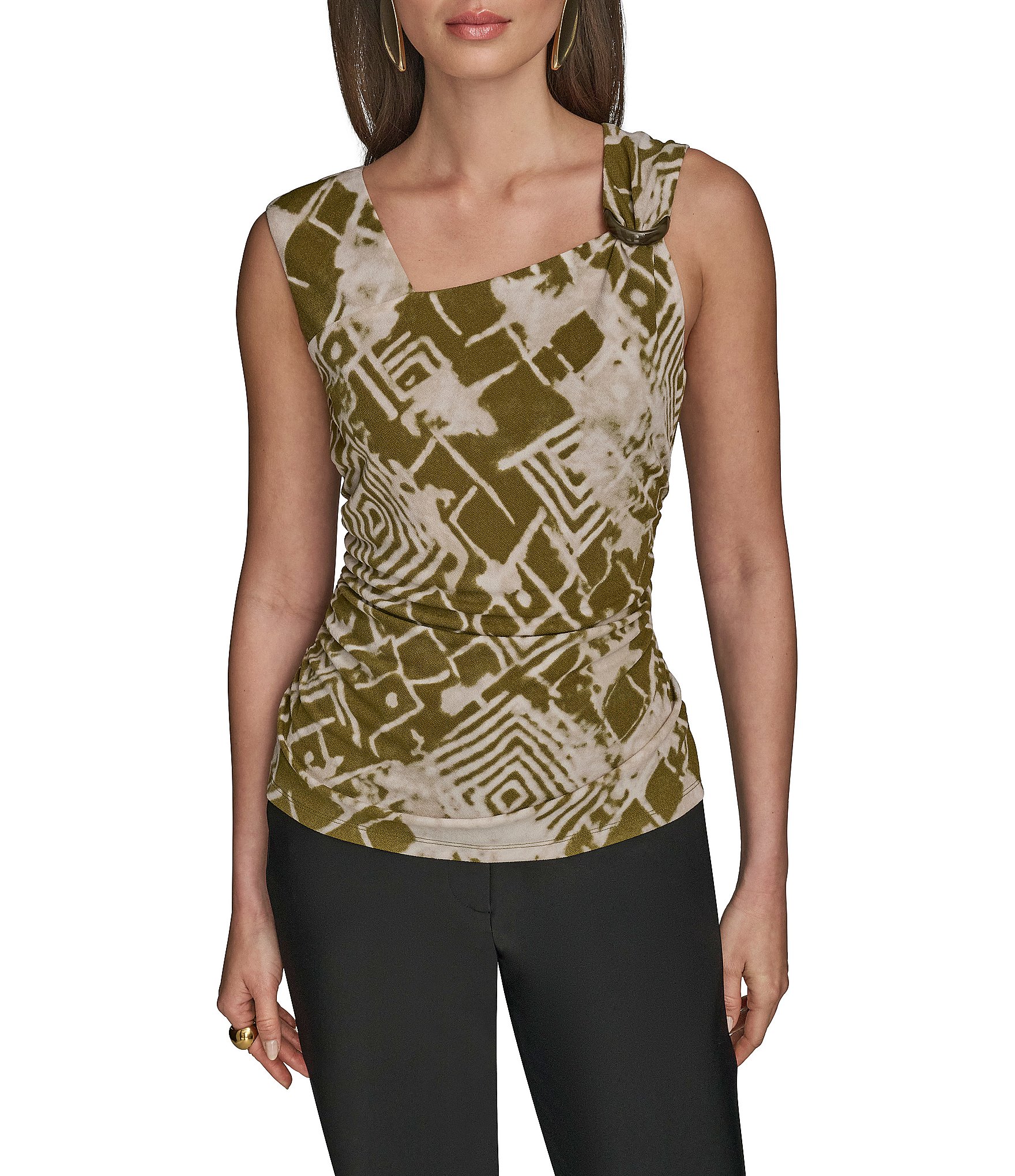 Donna Karan Scoop Neck Asymmetric Shoulder Ring Sleeveless Top