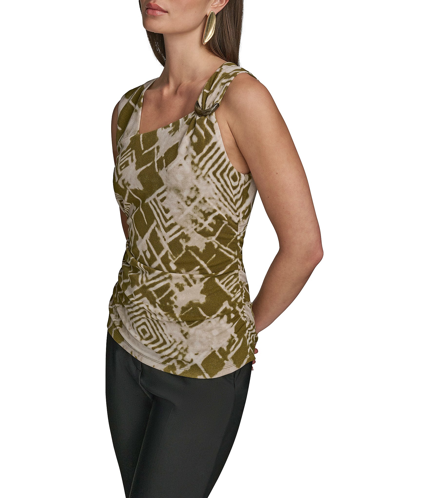 Donna Karan Scoop Neck Asymmetric Shoulder Ring Sleeveless Top