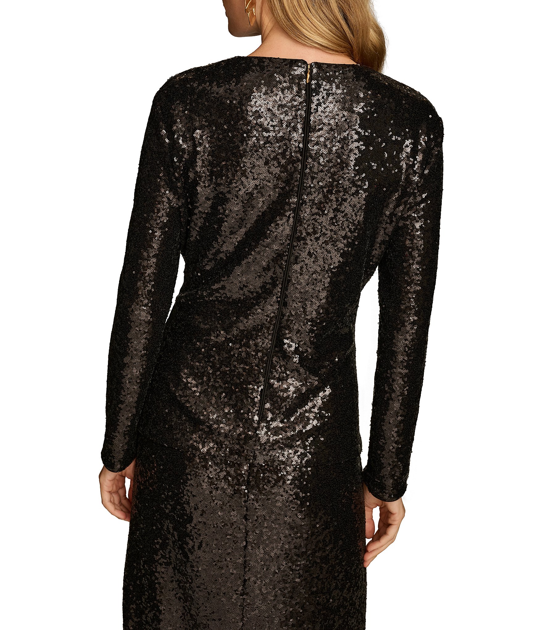 Donna Karan Sequin Crew Neck Long Sleeve Tie Waist Top