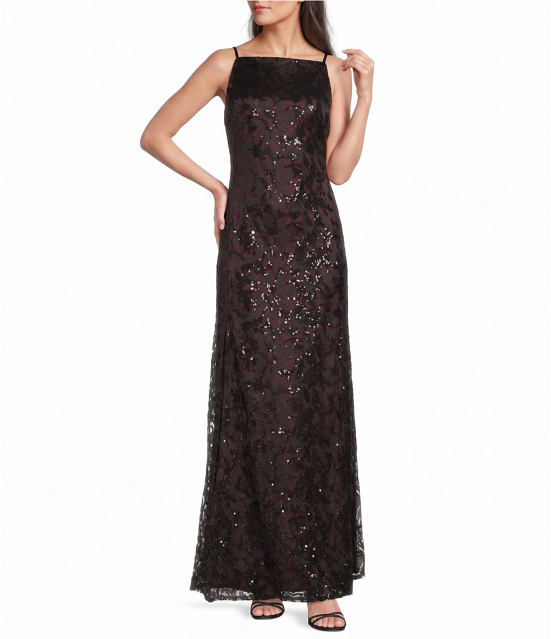 Donna Karan Sequin Mesh Sleeveless Deep V-Back Long Dress