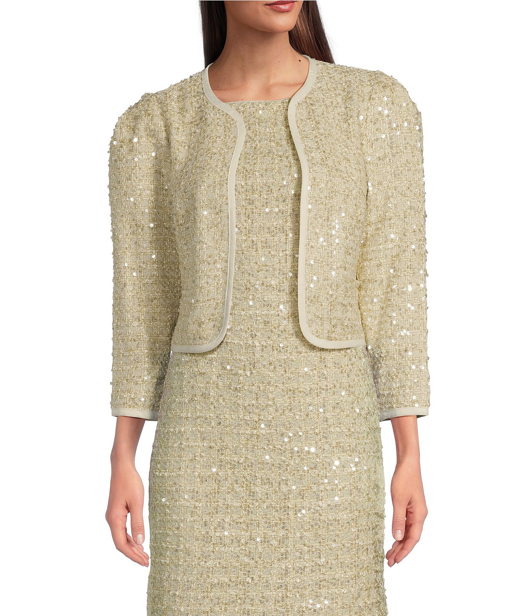 Donna Karan Sequin Tweed Crew Neck 3/4 Sleeve Open Front Coordinating Jacket