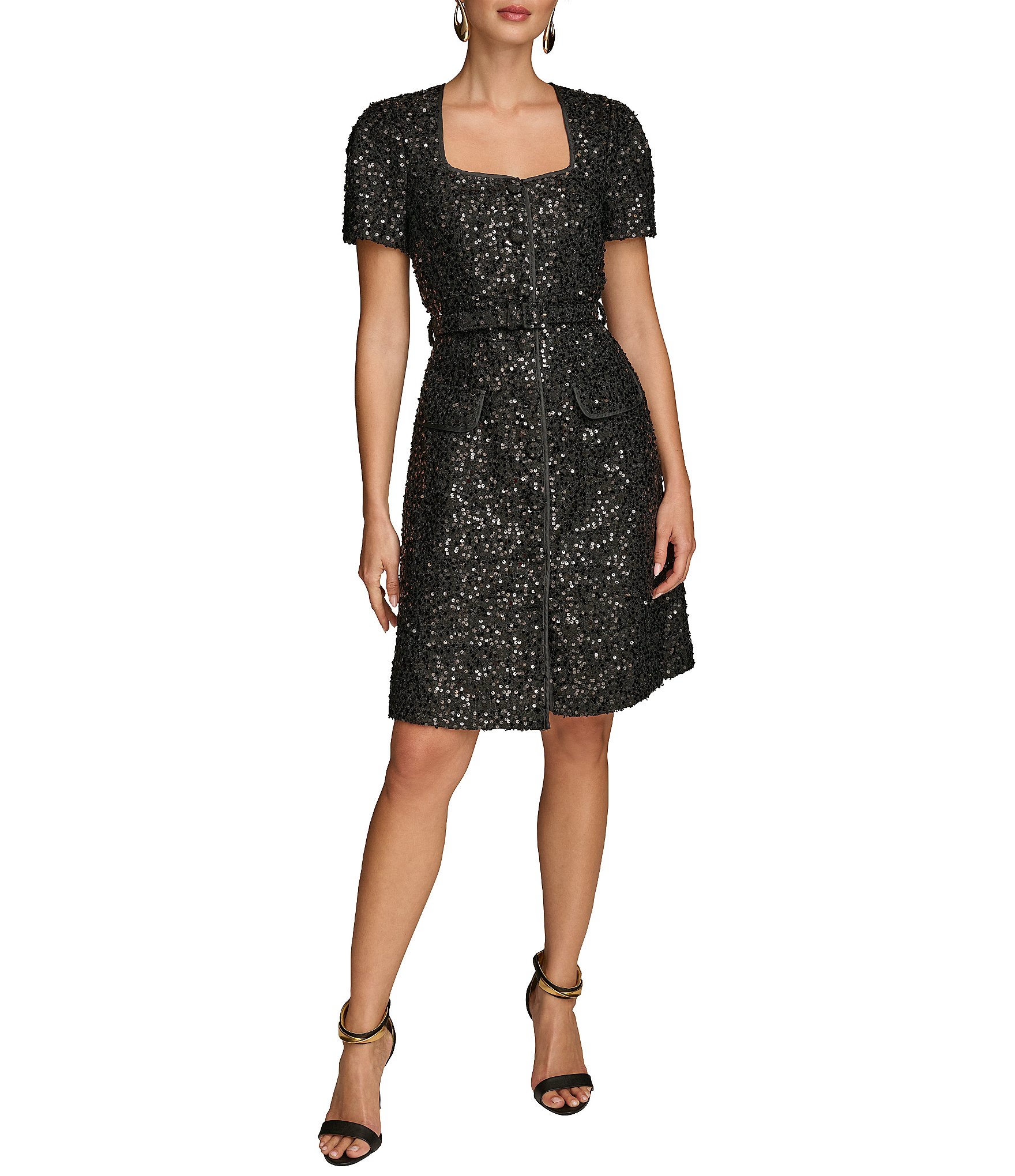 Donna Karan Sequin Tweed Square Neck Short Sleeve Belted Sheath Dress ...