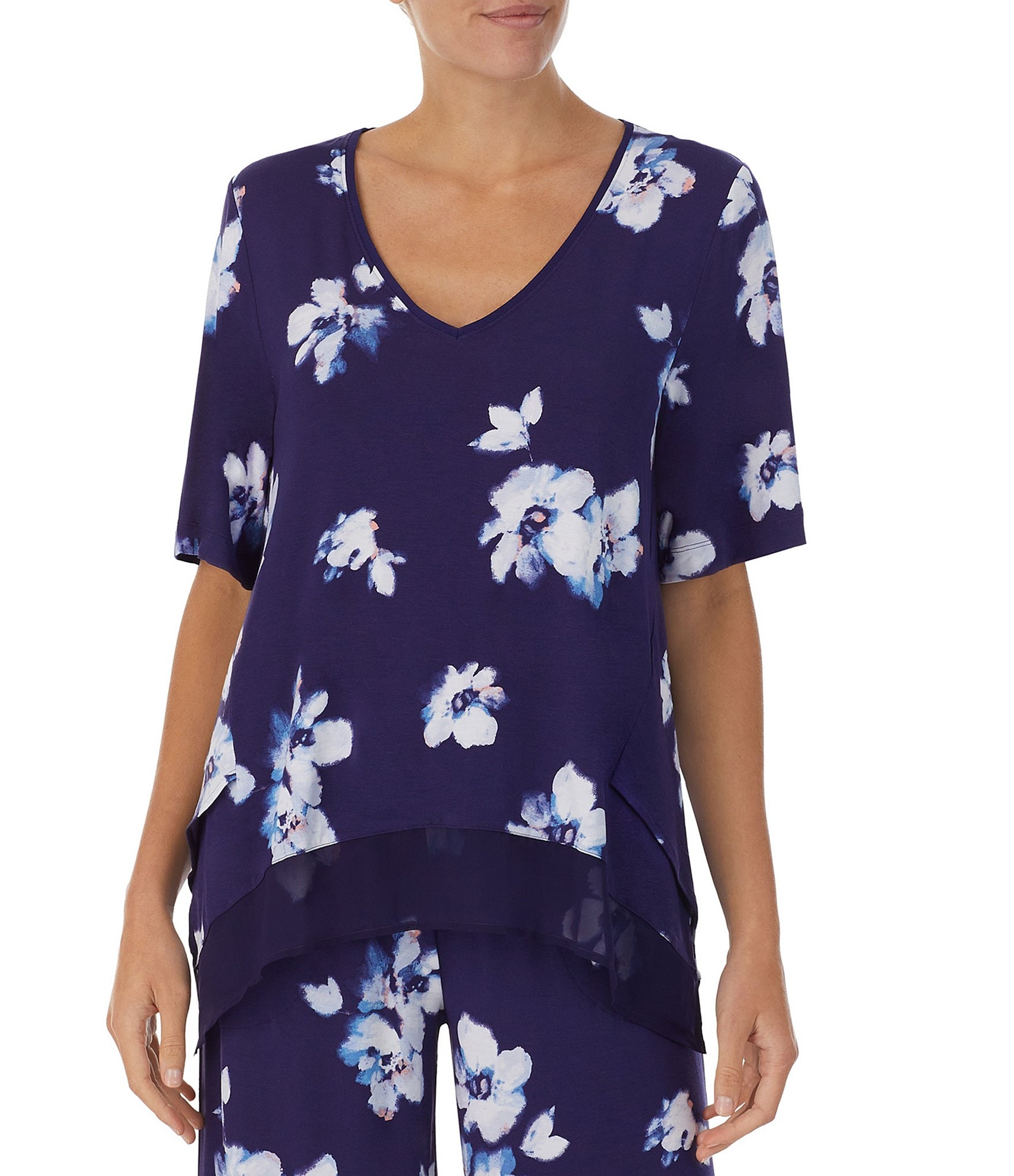 Donna Karan Short Sleeve V-Neck Floral Print Coordinating Knit Sleep ...