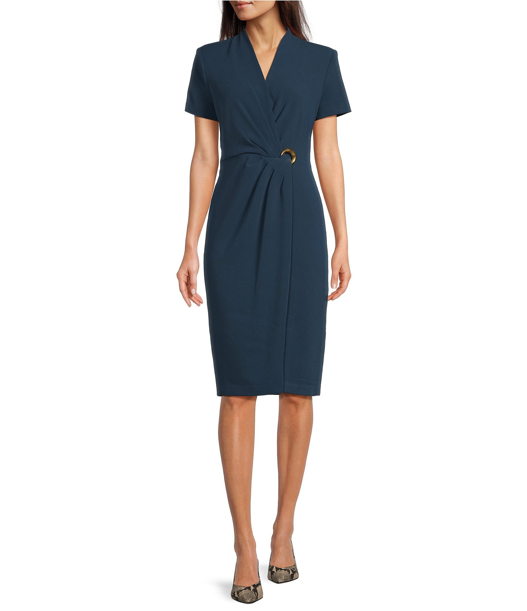 Donna Karan Short Sleeve V-Neck Front Slit Hardware Embellished Sheath ...